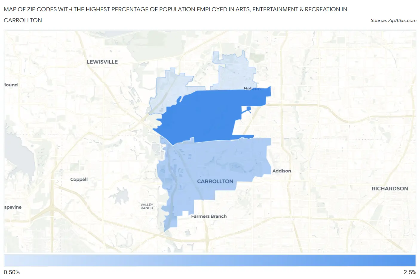 Zip Codes with the Highest Percentage of Population Employed in Arts, Entertainment & Recreation in Carrollton Map