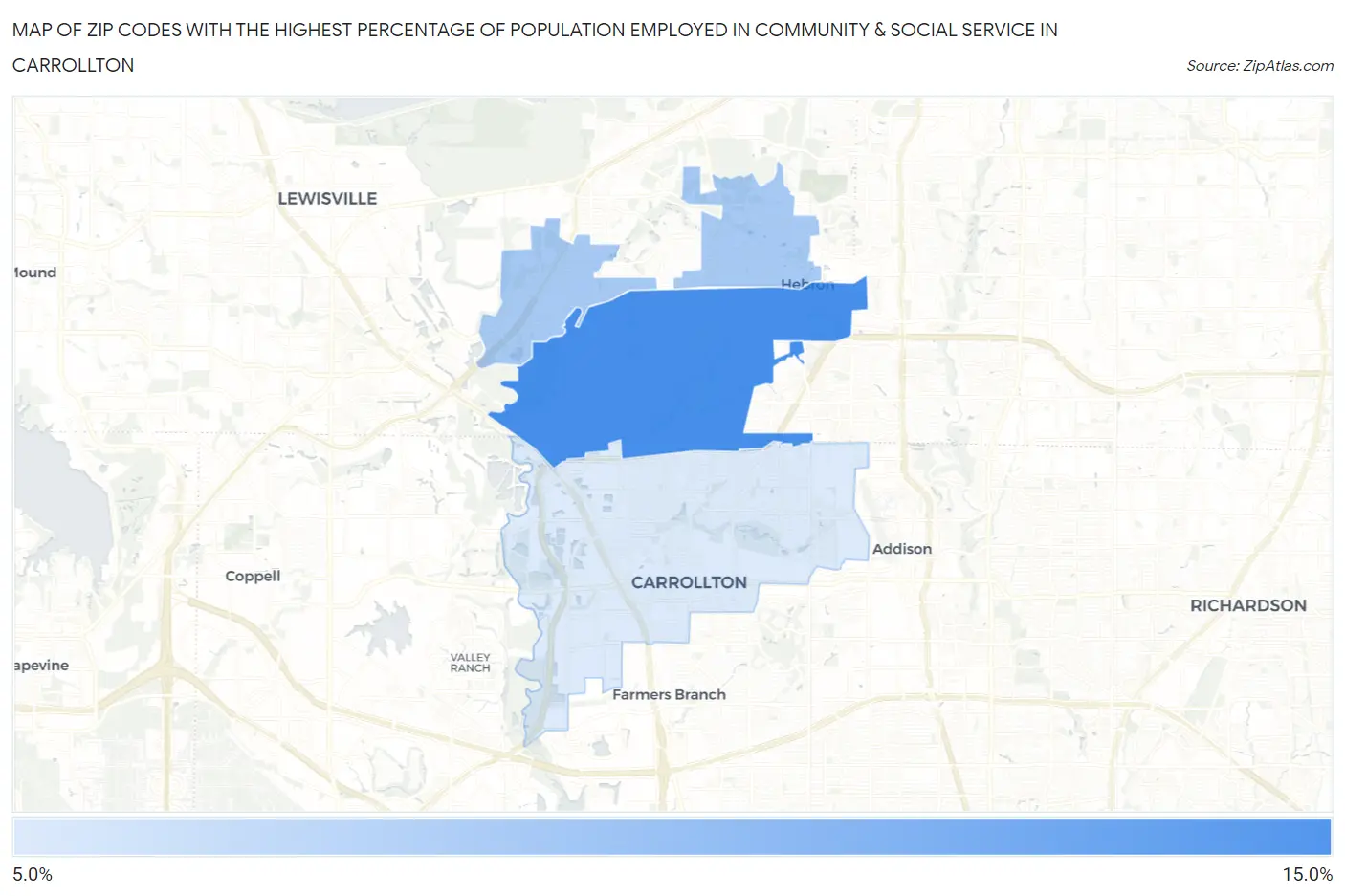 Zip Codes with the Highest Percentage of Population Employed in Community & Social Service  in Carrollton Map