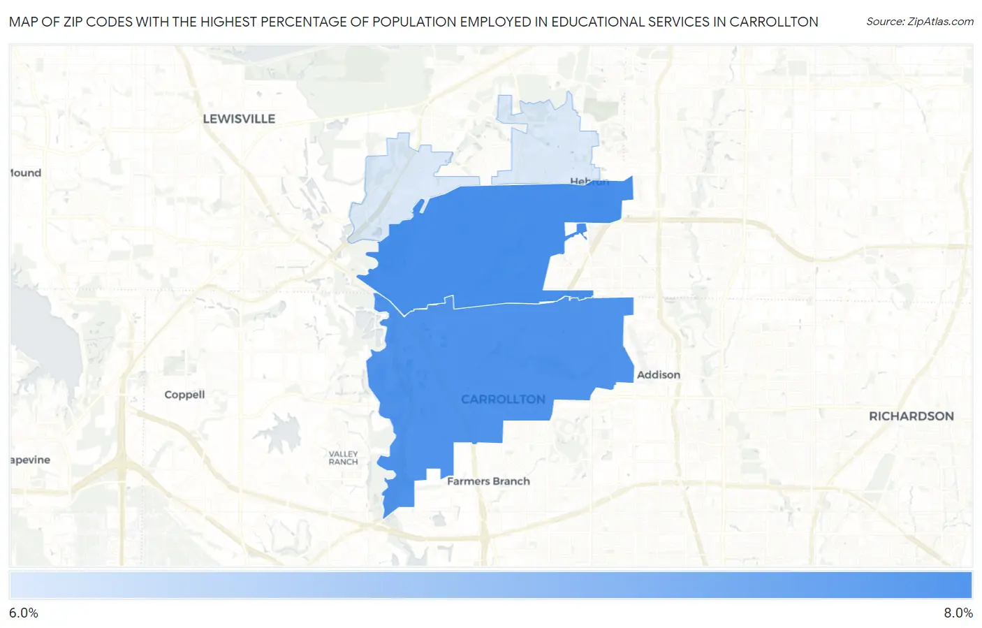 Zip Codes with the Highest Percentage of Population Employed in Educational Services in Carrollton Map