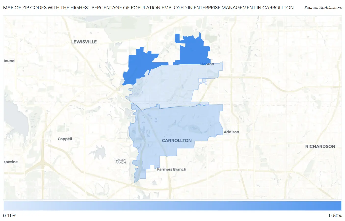 Zip Codes with the Highest Percentage of Population Employed in Enterprise Management in Carrollton Map