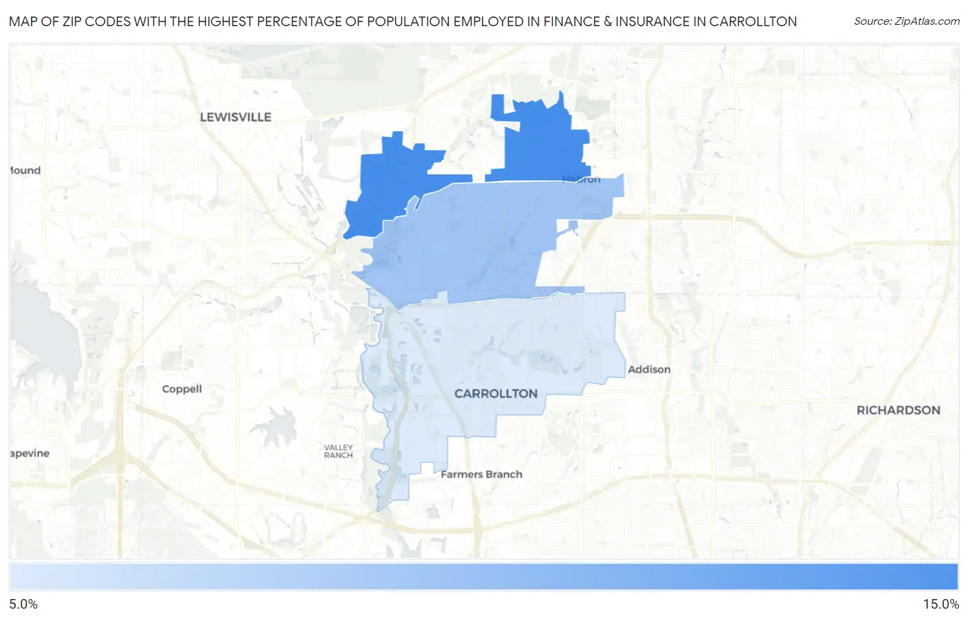 Zip Codes with the Highest Percentage of Population Employed in Finance & Insurance in Carrollton Map