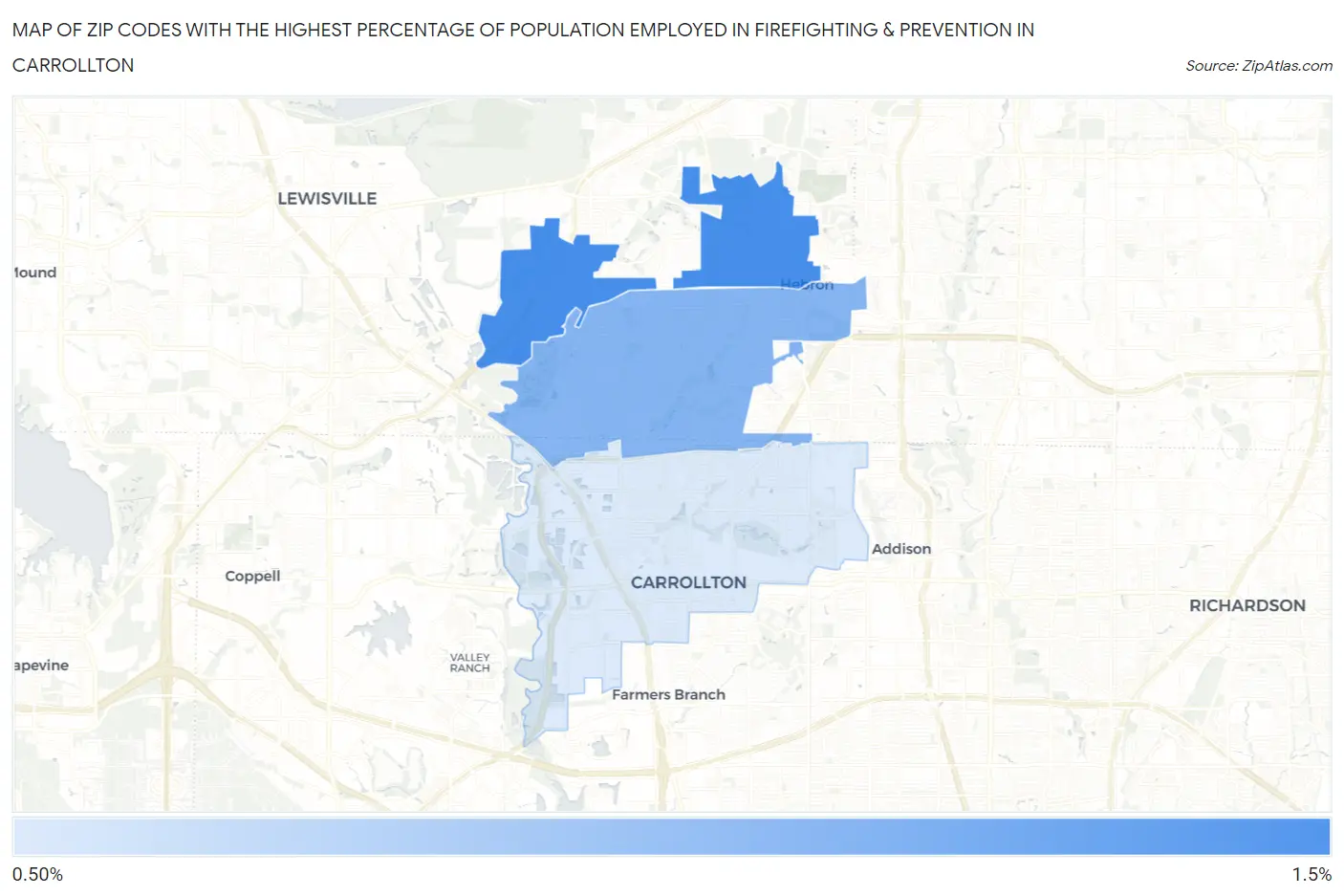Zip Codes with the Highest Percentage of Population Employed in Firefighting & Prevention in Carrollton Map