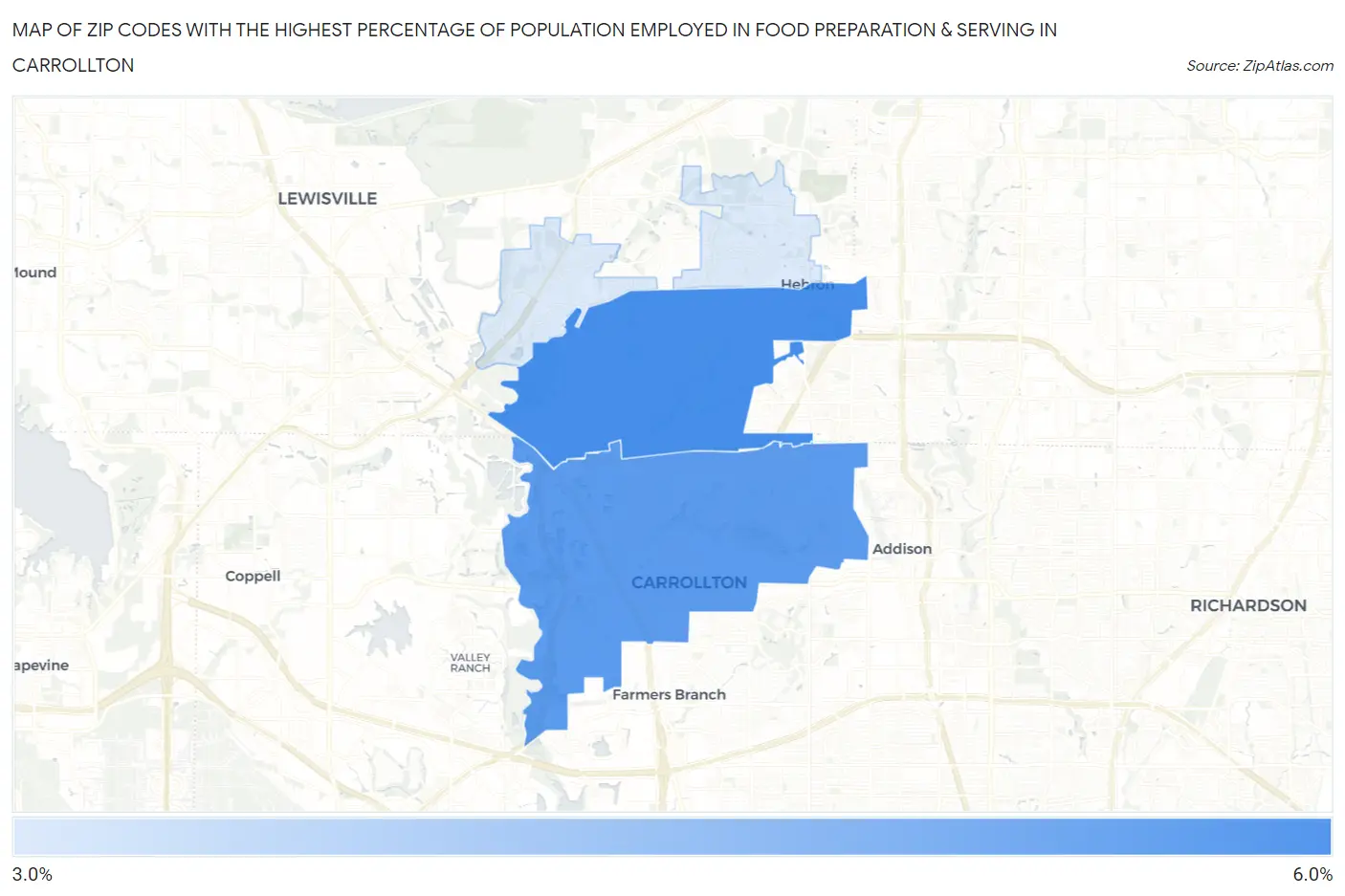 Zip Codes with the Highest Percentage of Population Employed in Food Preparation & Serving in Carrollton Map