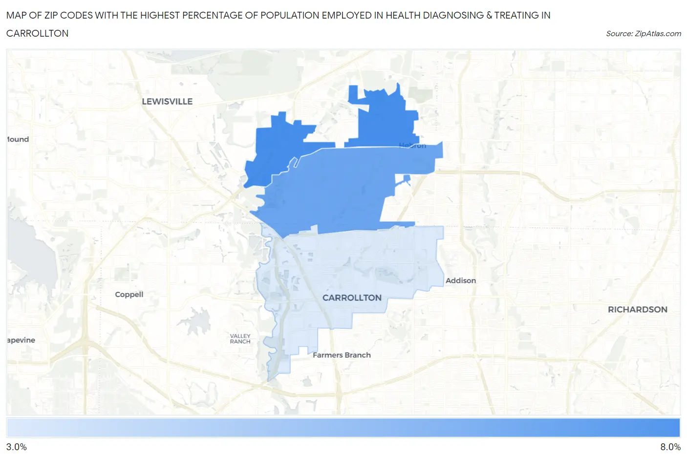 Zip Codes with the Highest Percentage of Population Employed in Health Diagnosing & Treating in Carrollton Map