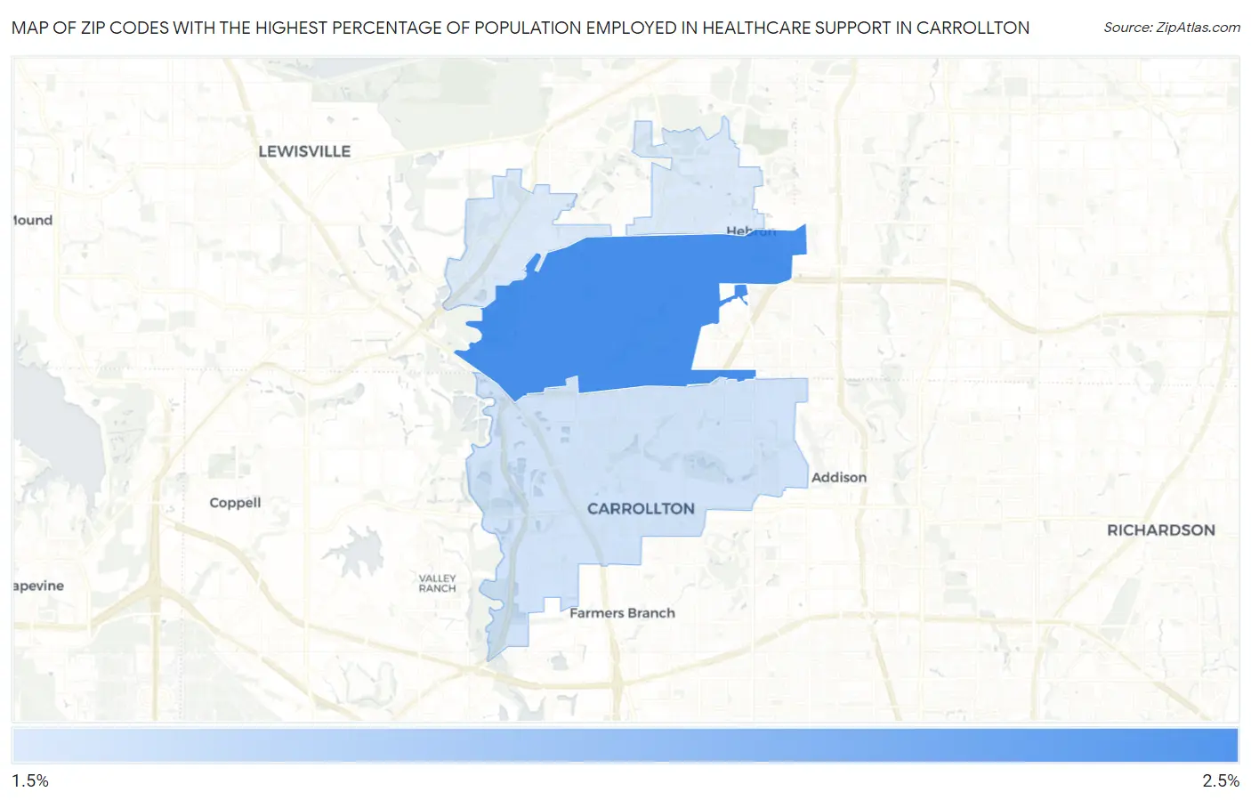 Zip Codes with the Highest Percentage of Population Employed in Healthcare Support in Carrollton Map