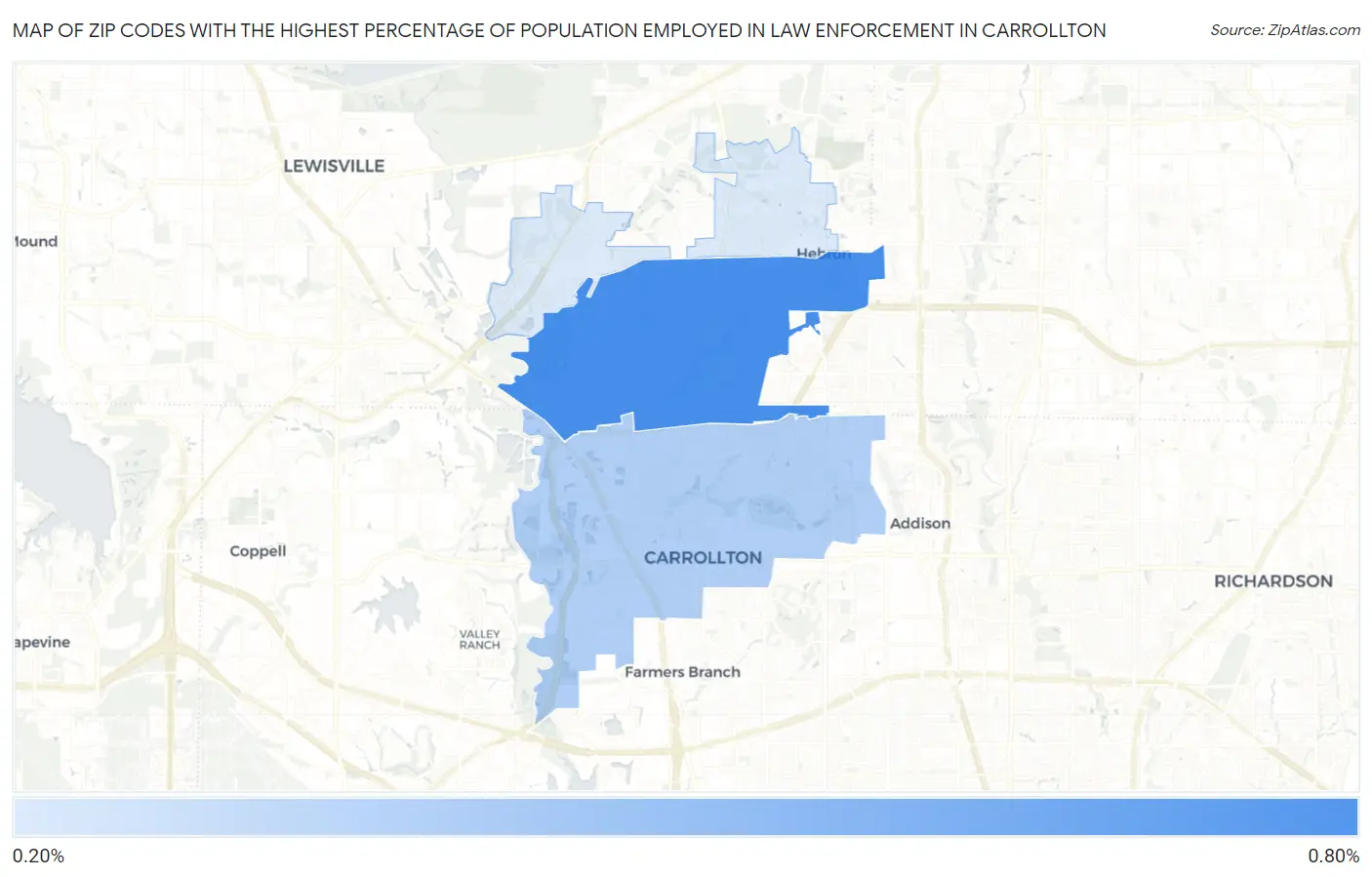 Zip Codes with the Highest Percentage of Population Employed in Law Enforcement in Carrollton Map