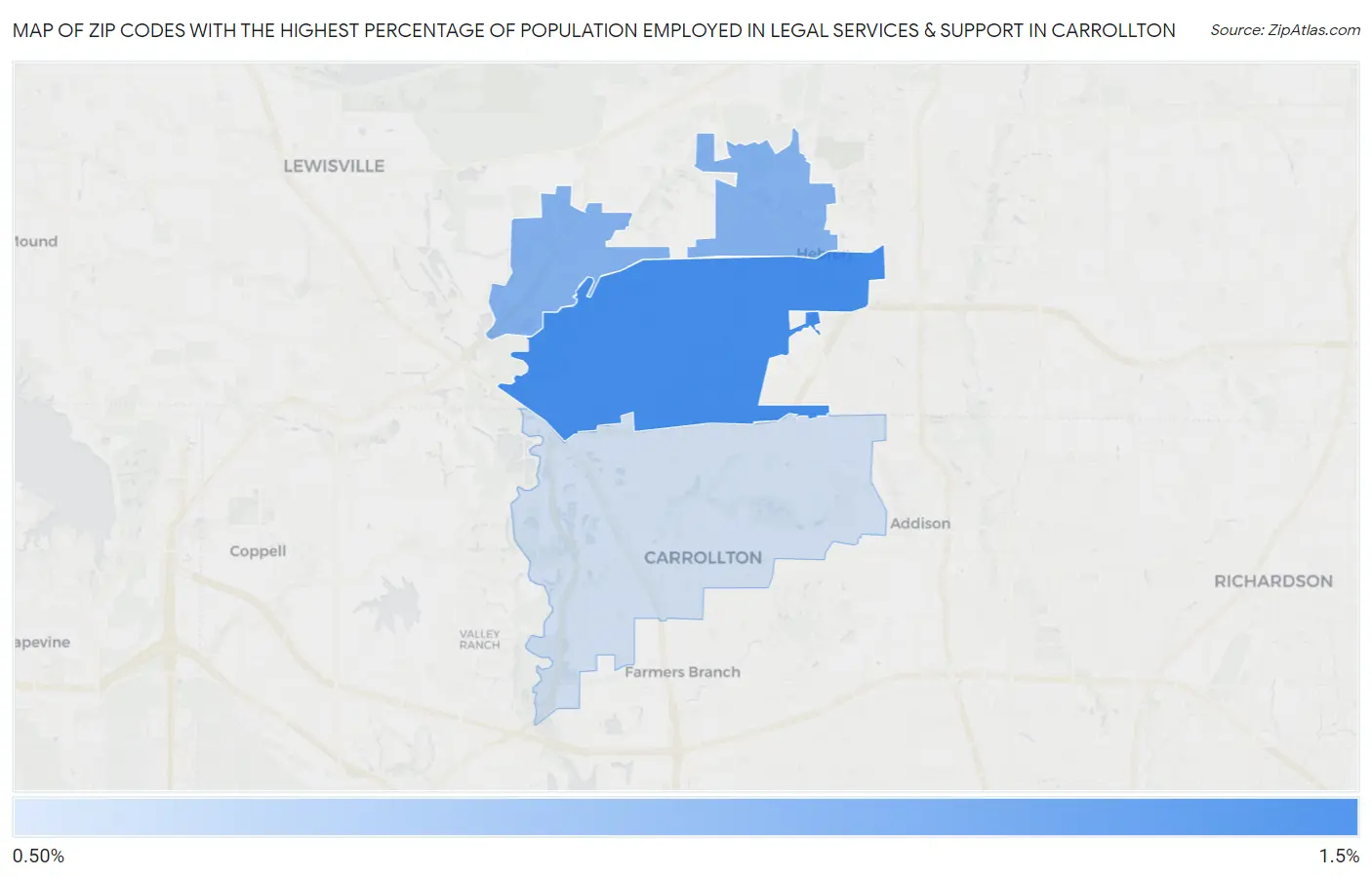Zip Codes with the Highest Percentage of Population Employed in Legal Services & Support in Carrollton Map