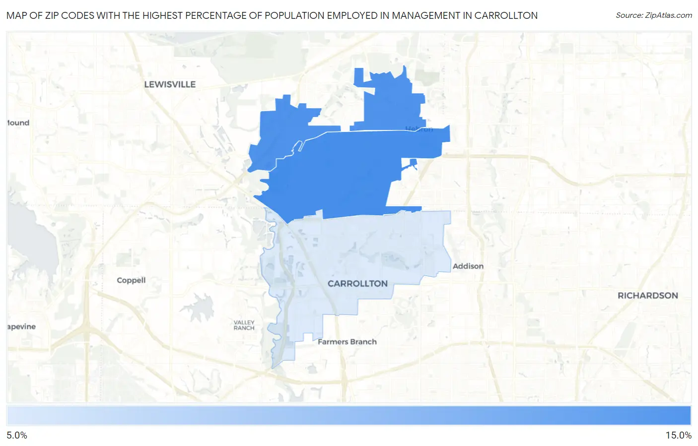 Zip Codes with the Highest Percentage of Population Employed in Management in Carrollton Map