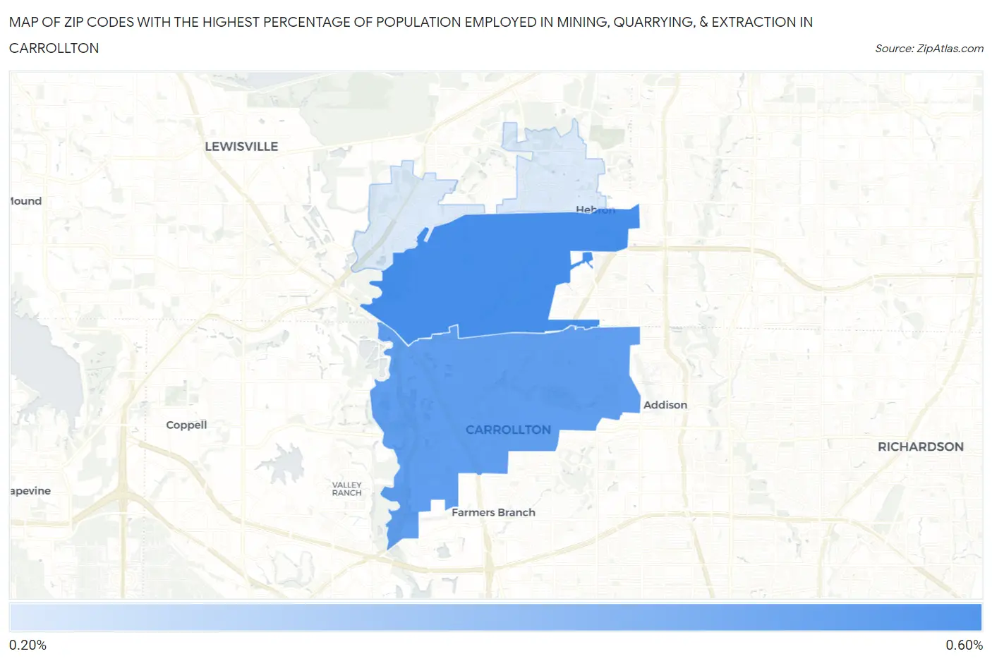 Zip Codes with the Highest Percentage of Population Employed in Mining, Quarrying, & Extraction in Carrollton Map