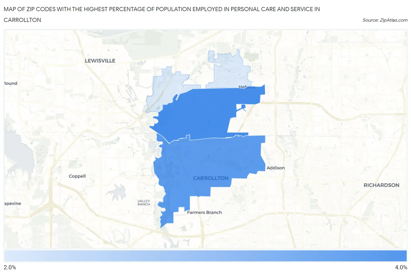 Zip Codes with the Highest Percentage of Population Employed in Personal Care and Service in Carrollton Map