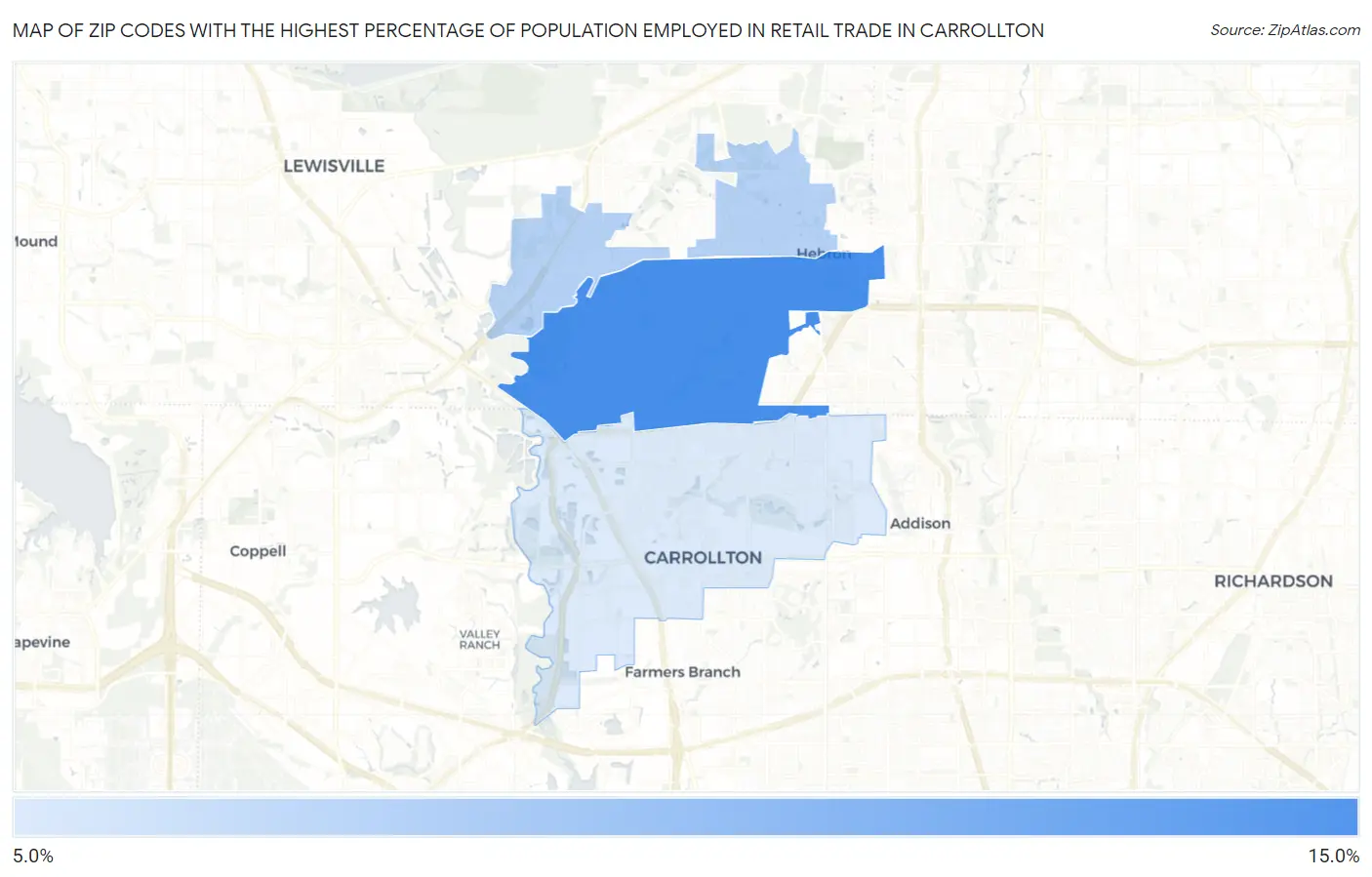Zip Codes with the Highest Percentage of Population Employed in Retail Trade in Carrollton Map