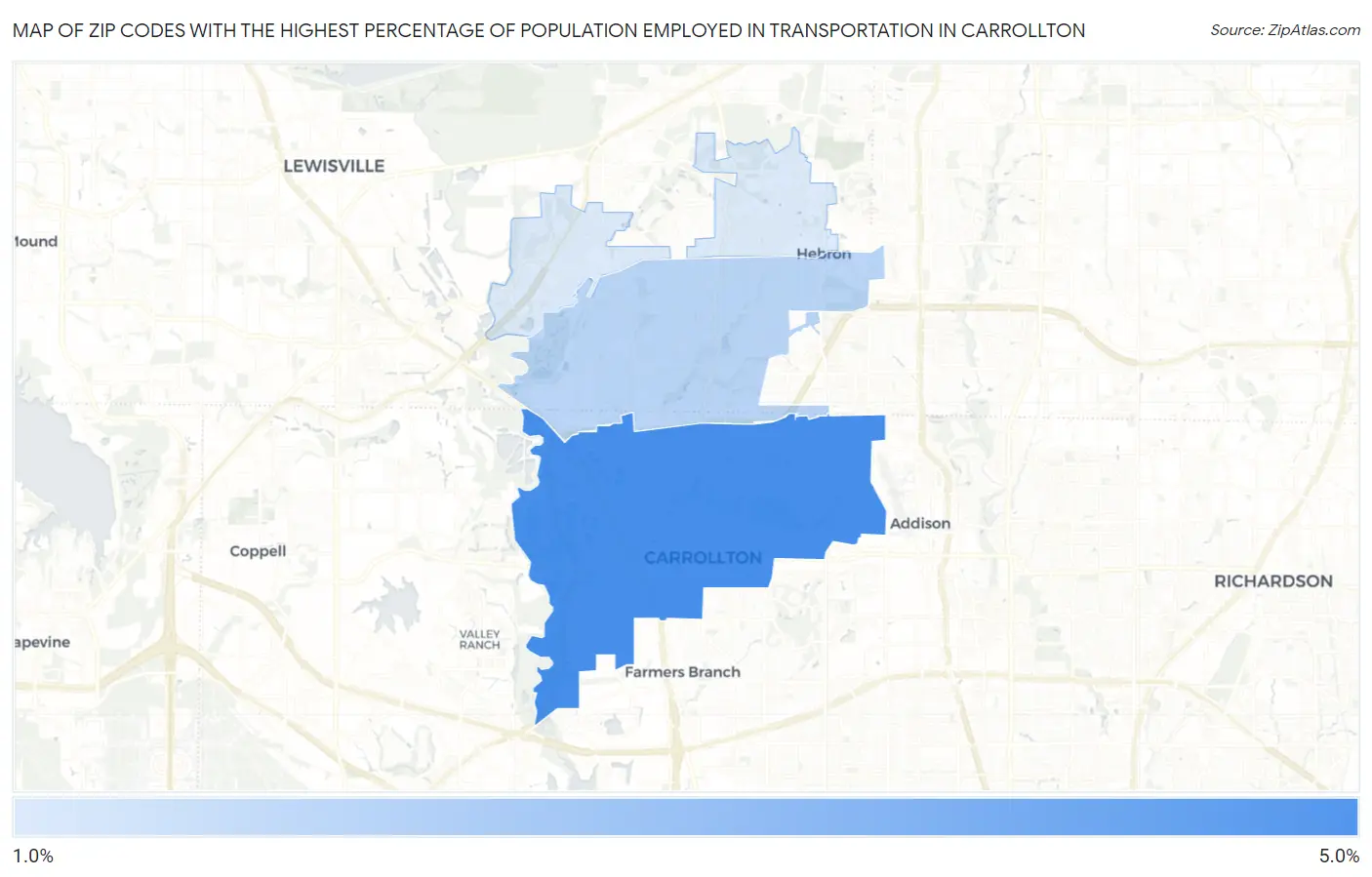 Zip Codes with the Highest Percentage of Population Employed in Transportation in Carrollton Map