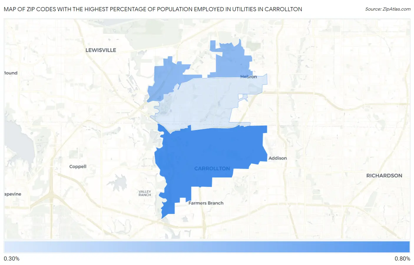 Zip Codes with the Highest Percentage of Population Employed in Utilities in Carrollton Map