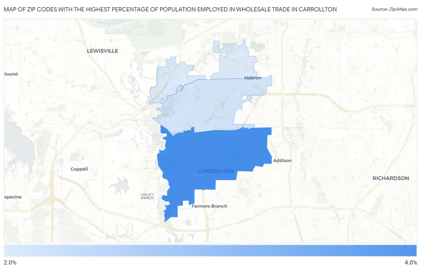 Zip Codes with the Highest Percentage of Population Employed in Wholesale Trade in Carrollton Map