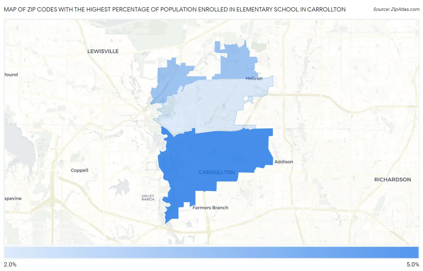 Zip Codes with the Highest Percentage of Population Enrolled in Elementary School in Carrollton Map