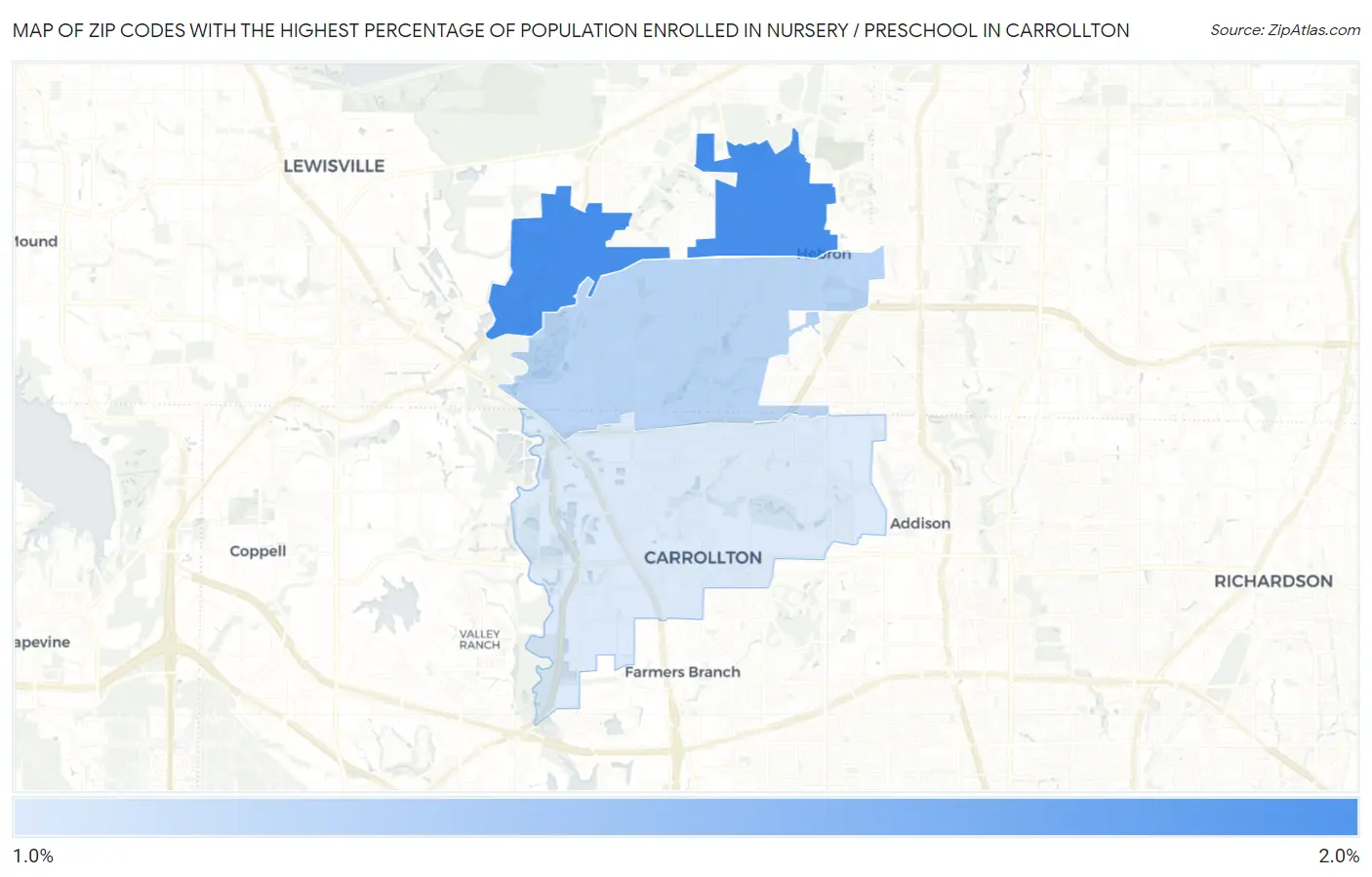 Zip Codes with the Highest Percentage of Population Enrolled in Nursery / Preschool in Carrollton Map