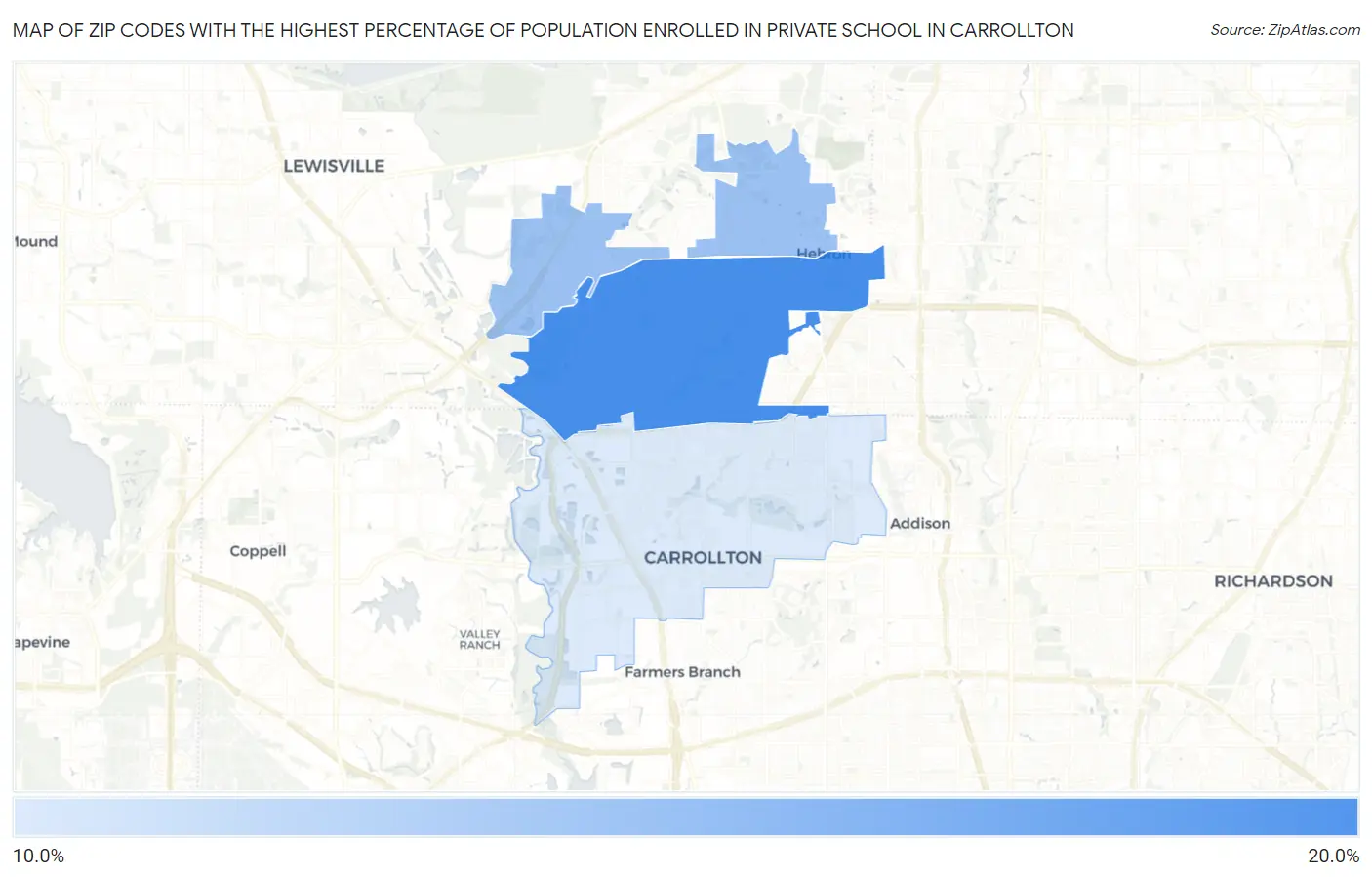 Zip Codes with the Highest Percentage of Population Enrolled in Private School in Carrollton Map