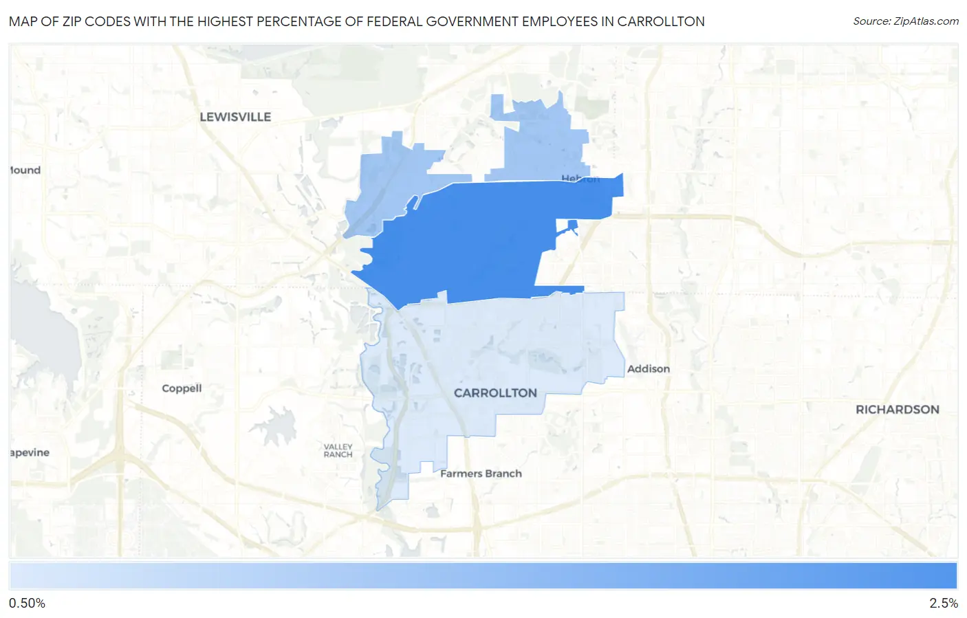 Zip Codes with the Highest Percentage of Federal Government Employees in Carrollton Map