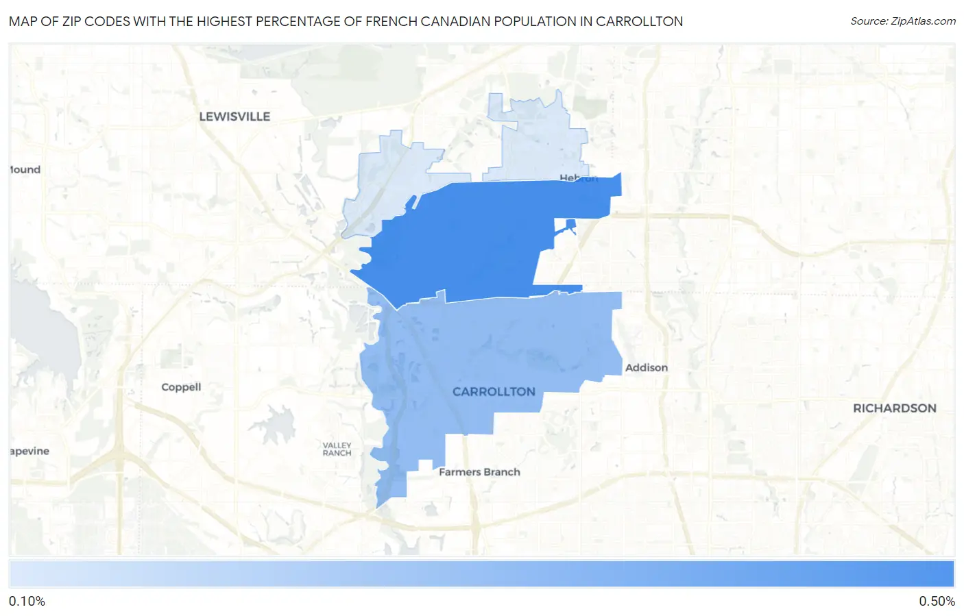 Zip Codes with the Highest Percentage of French Canadian Population in Carrollton Map
