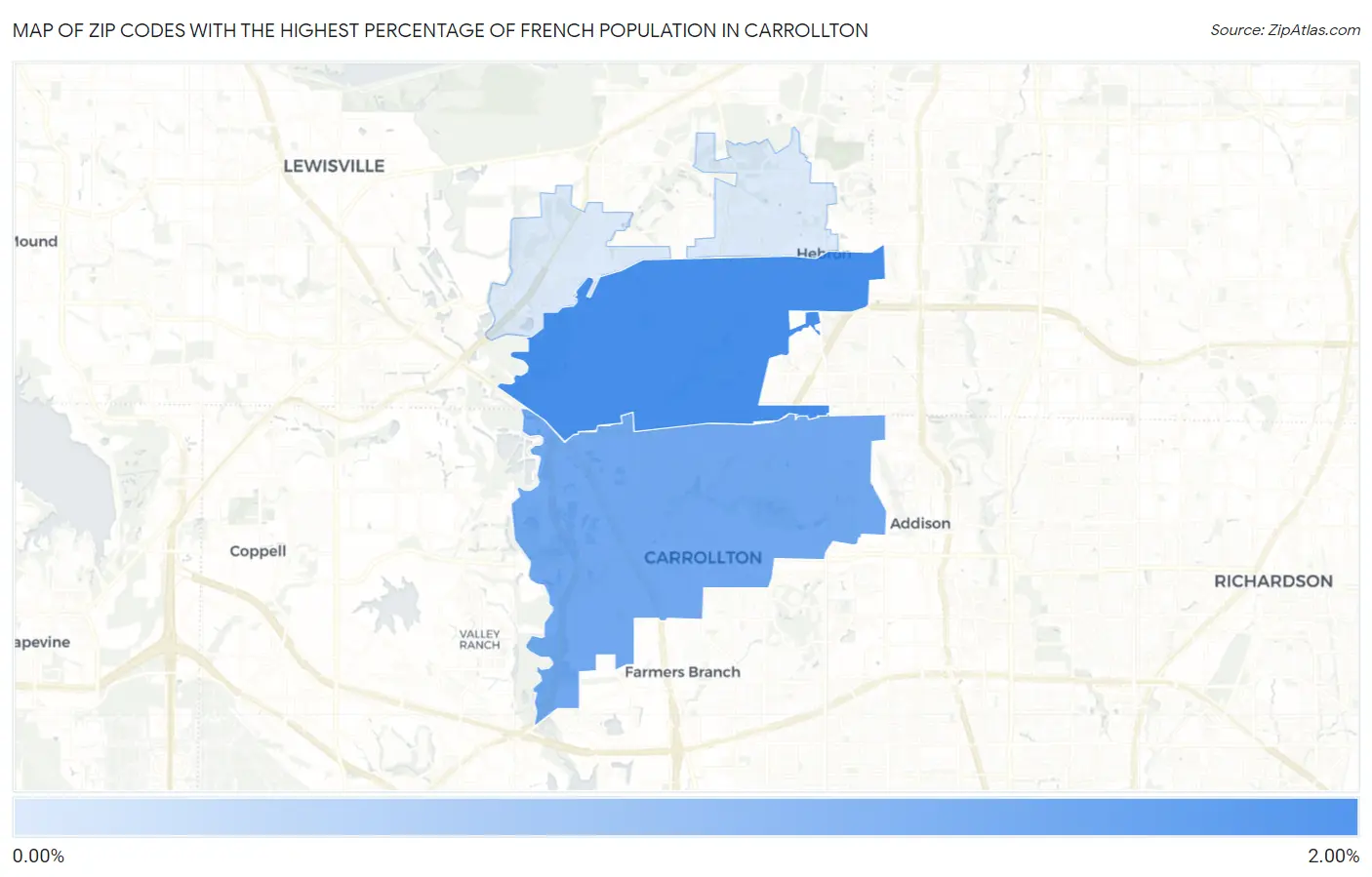 Zip Codes with the Highest Percentage of French Population in Carrollton Map