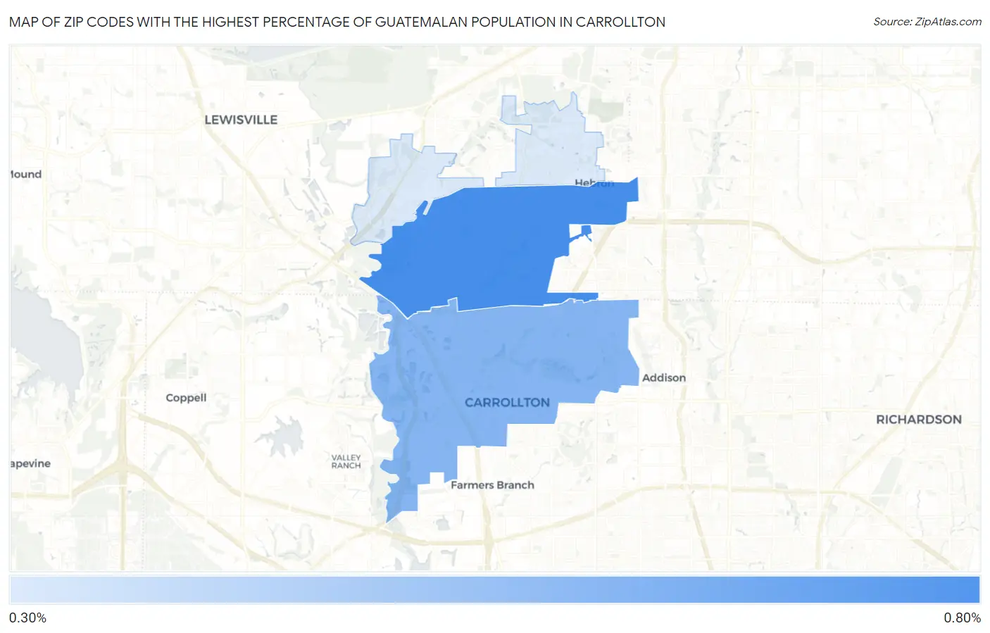 Zip Codes with the Highest Percentage of Guatemalan Population in Carrollton Map