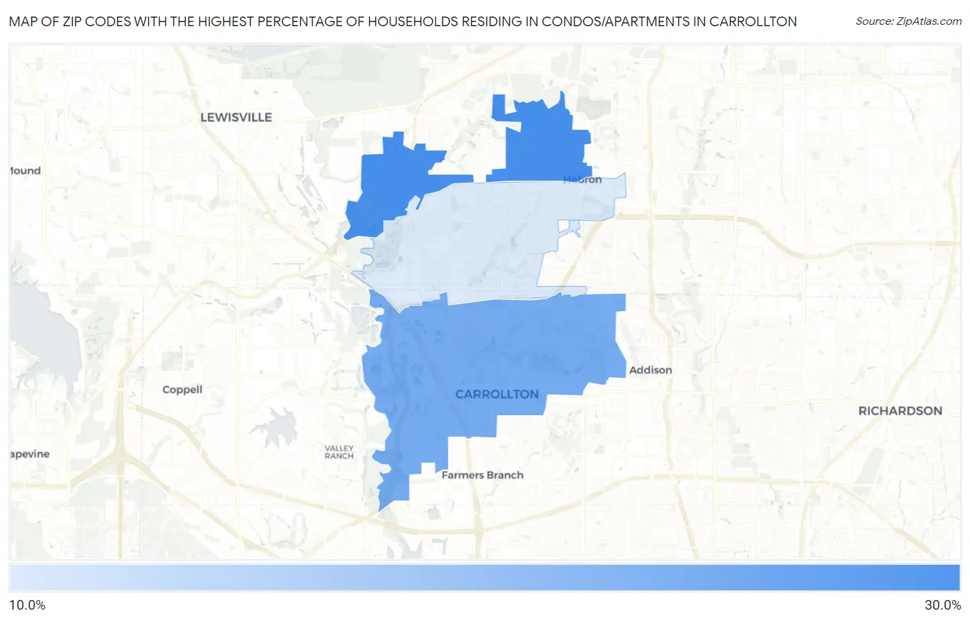 Zip Codes with the Highest Percentage of Households Residing in Condos/Apartments in Carrollton Map