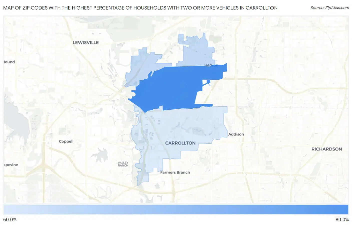 Zip Codes with the Highest Percentage of Households With Two or more Vehicles in Carrollton Map