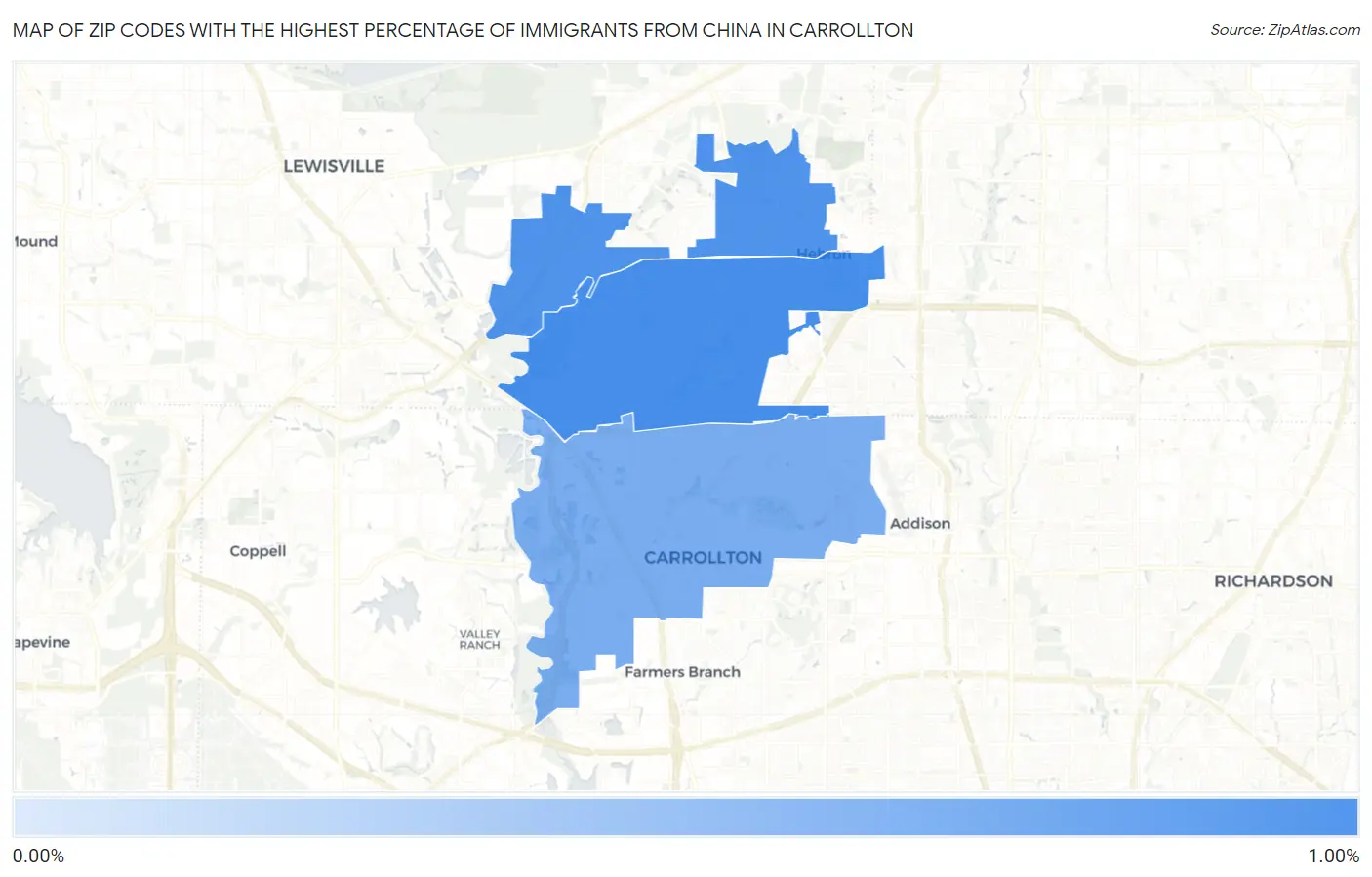 Zip Codes with the Highest Percentage of Immigrants from China in Carrollton Map