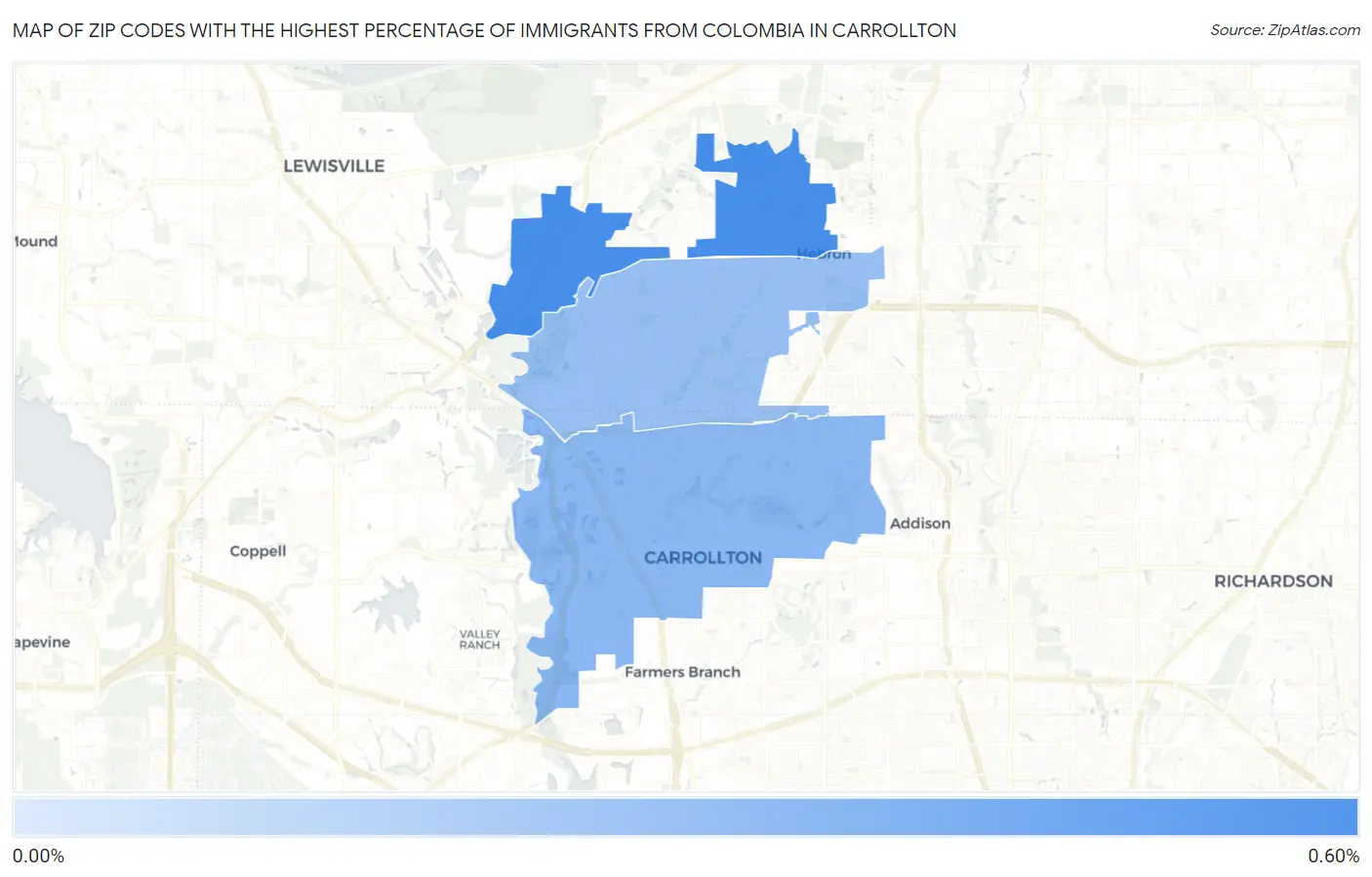 Zip Codes with the Highest Percentage of Immigrants from Colombia in Carrollton Map