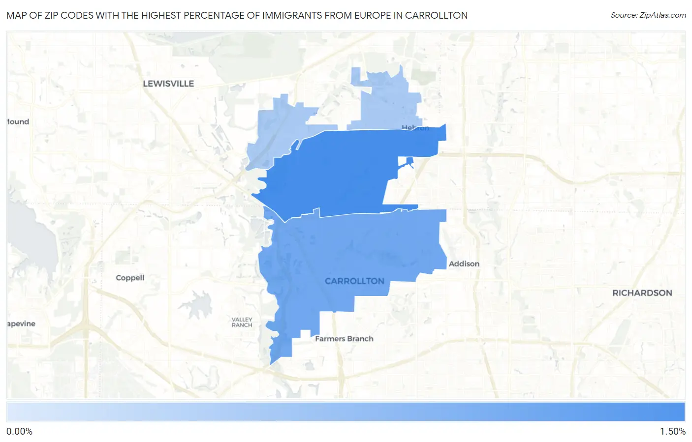 Zip Codes with the Highest Percentage of Immigrants from Europe in Carrollton Map