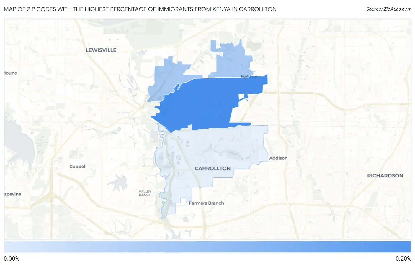 Zip Codes with the Highest Percentage of Immigrants from Kenya in Carrollton Map