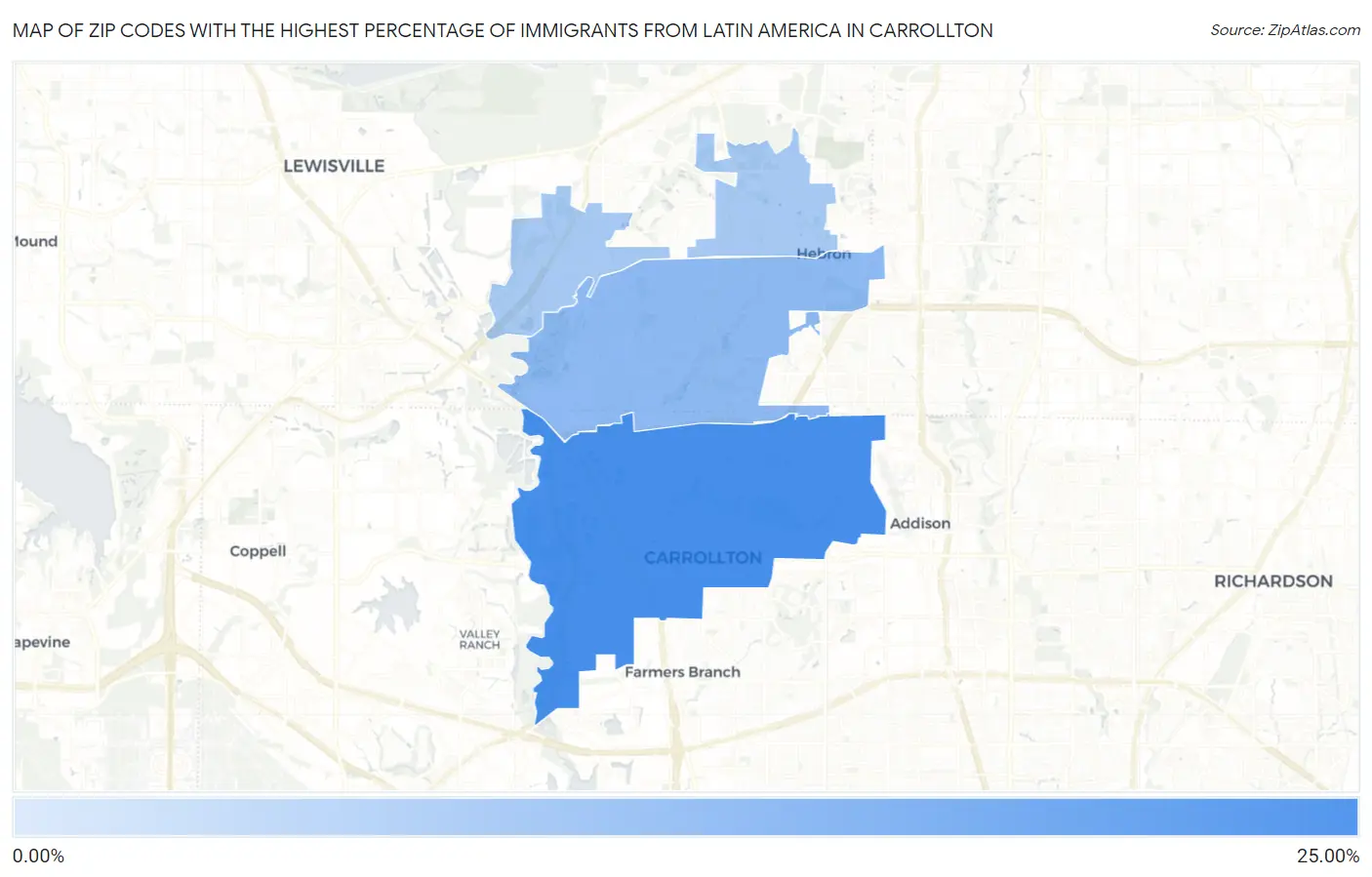 Zip Codes with the Highest Percentage of Immigrants from Latin America in Carrollton Map