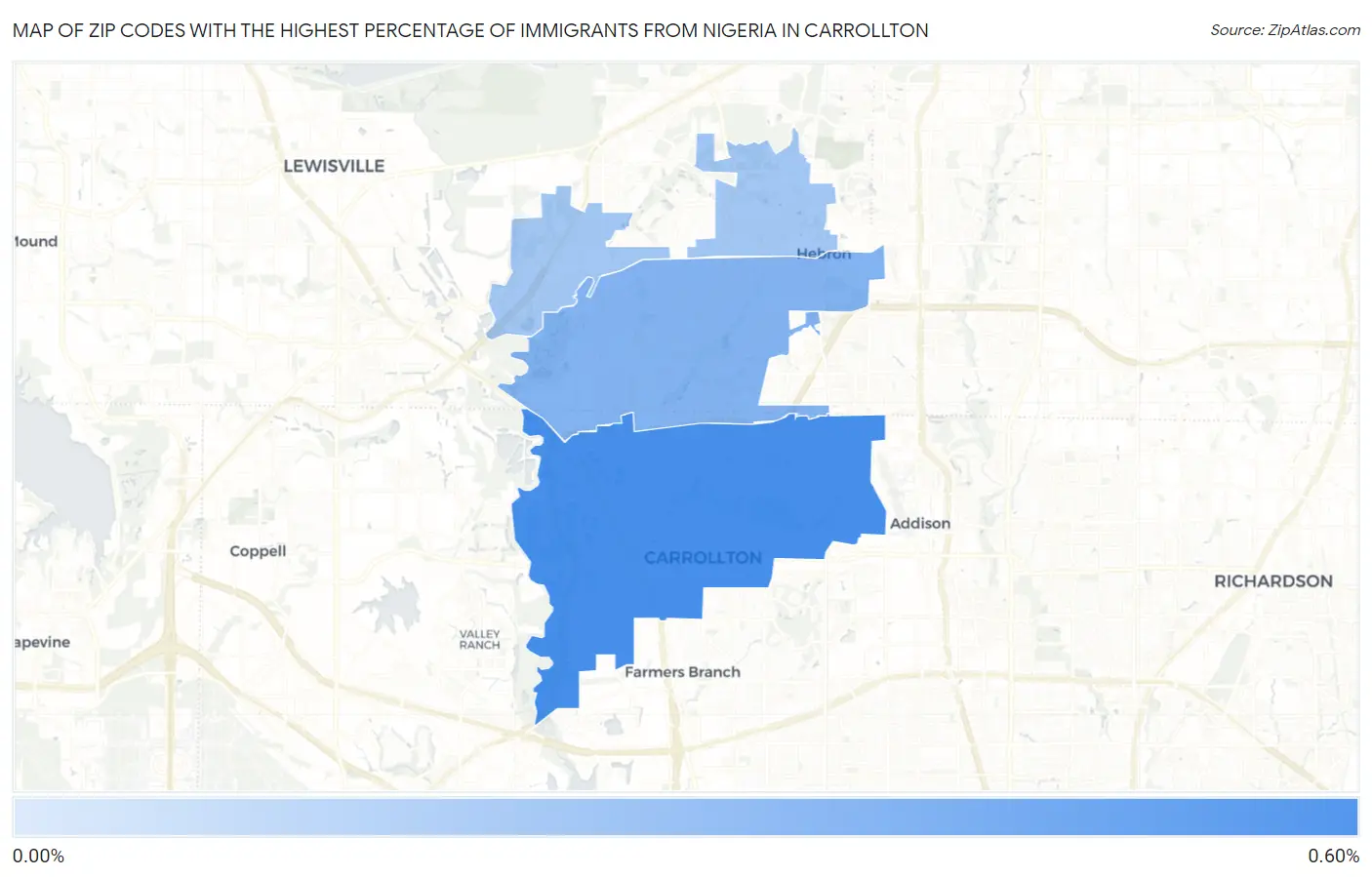 Zip Codes with the Highest Percentage of Immigrants from Nigeria in Carrollton Map