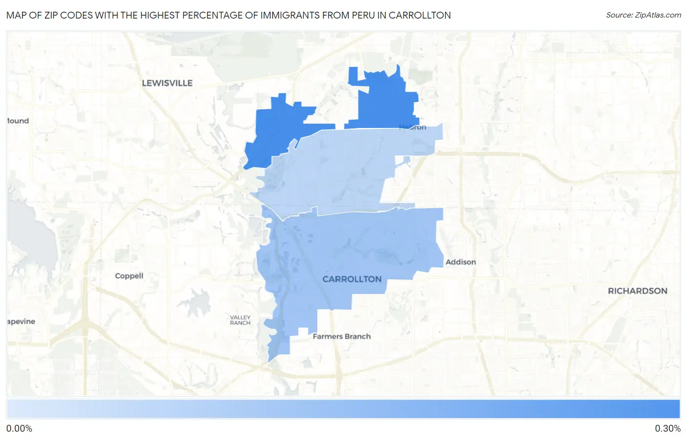 Zip Codes with the Highest Percentage of Immigrants from Peru in Carrollton Map