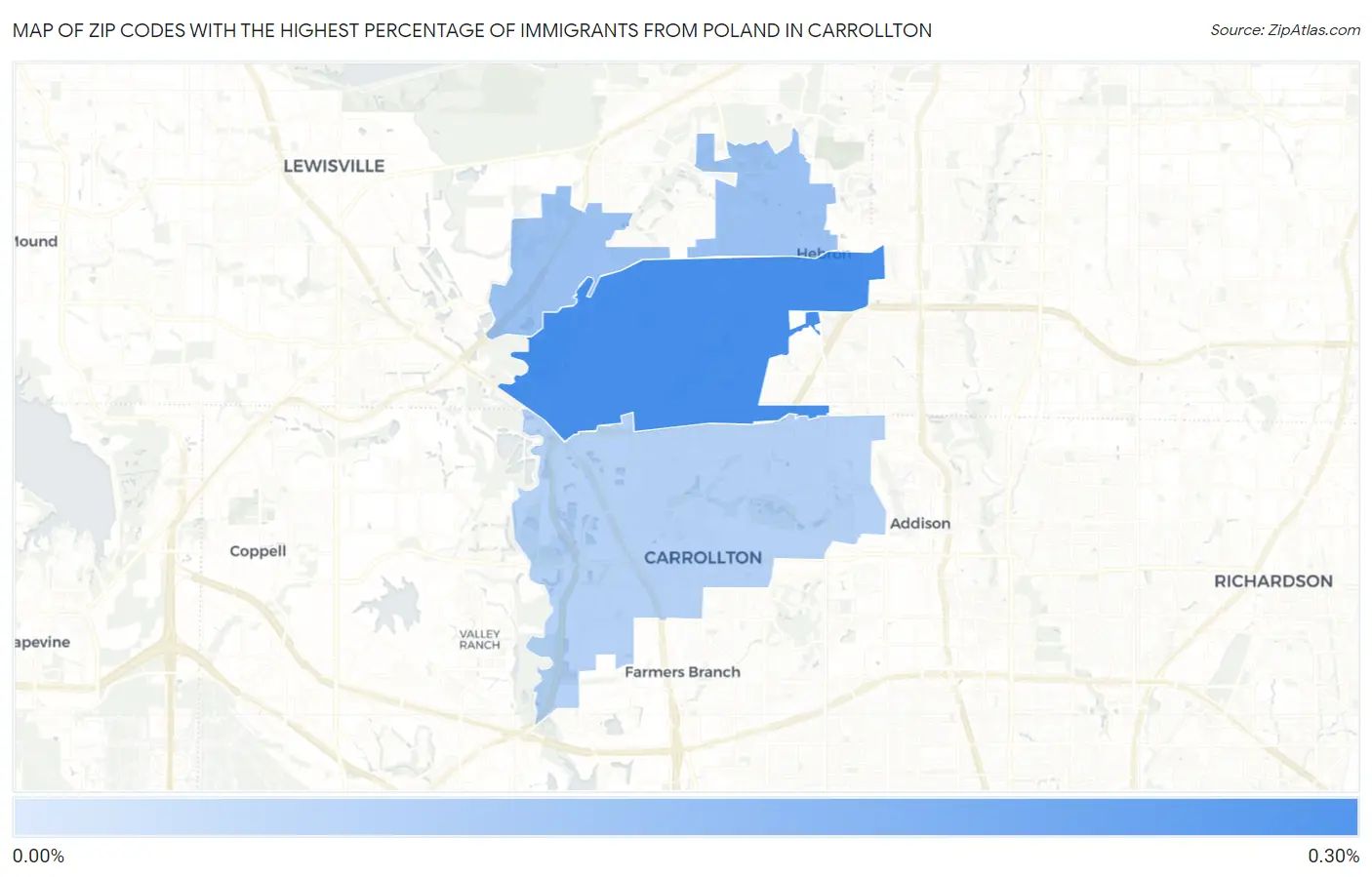 Zip Codes with the Highest Percentage of Immigrants from Poland in Carrollton Map