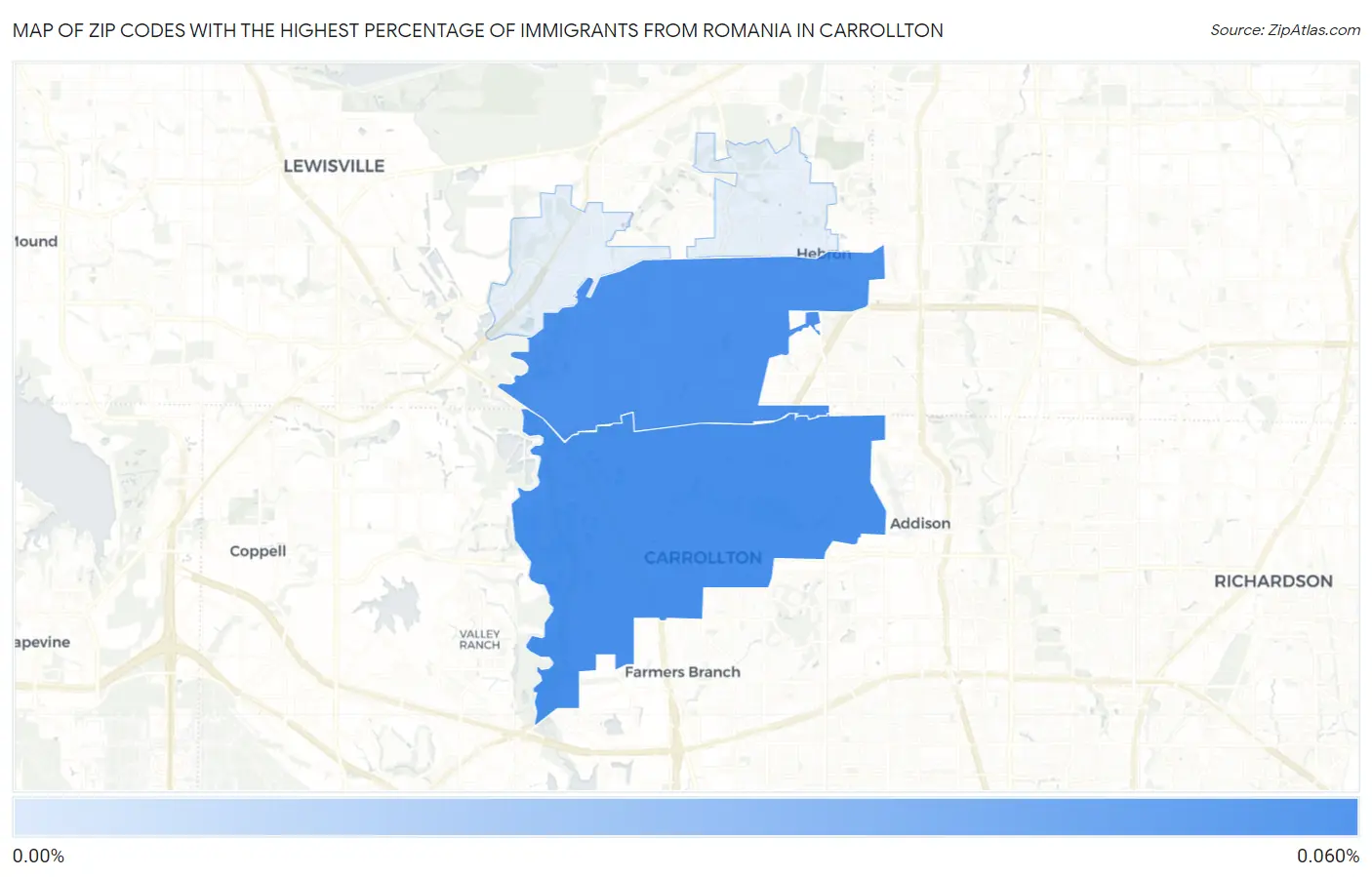 Zip Codes with the Highest Percentage of Immigrants from Romania in Carrollton Map