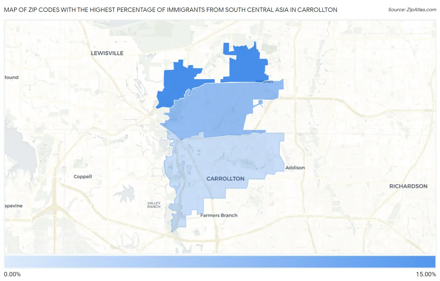 Zip Codes with the Highest Percentage of Immigrants from South Central Asia in Carrollton Map
