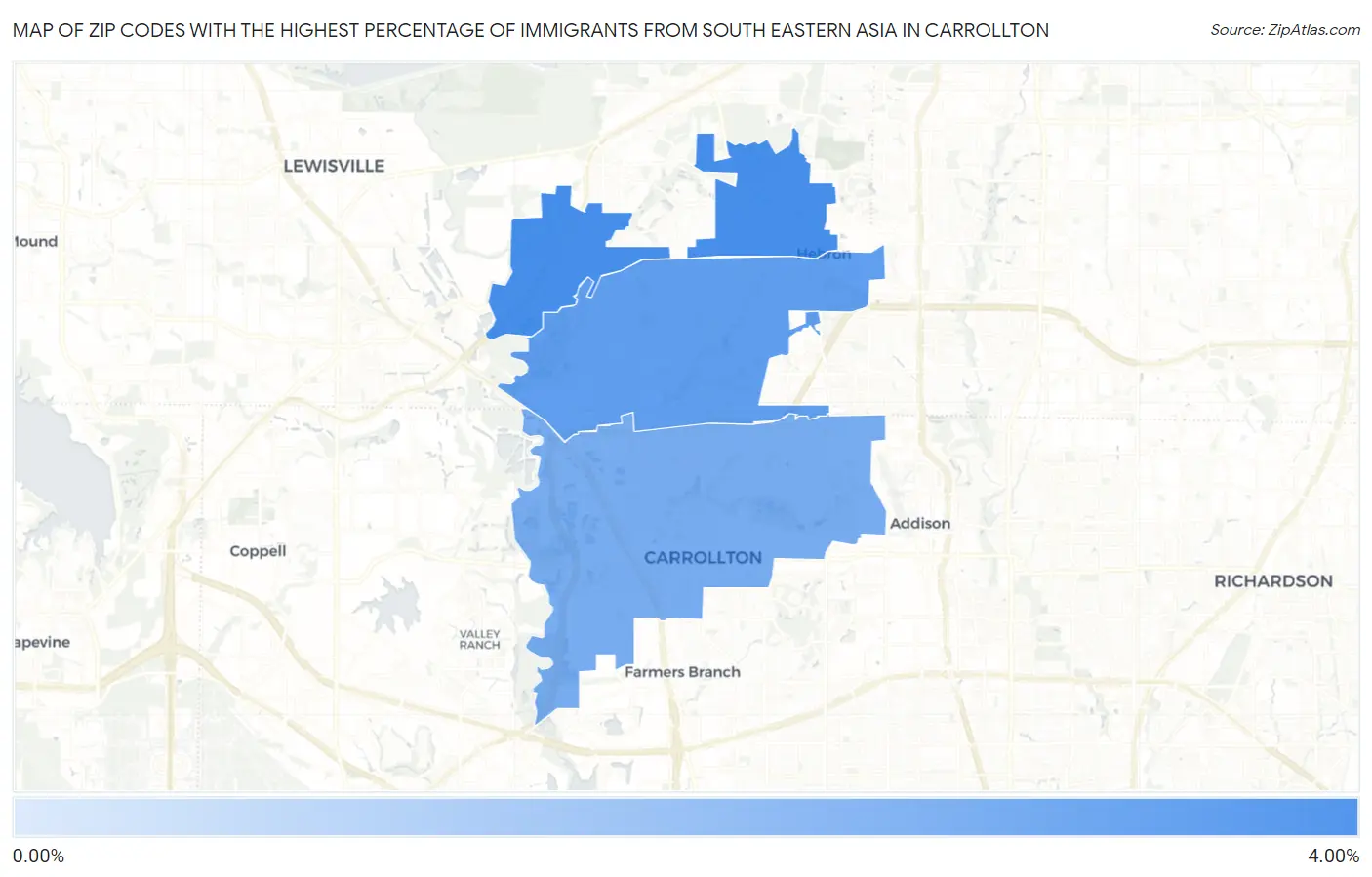 Zip Codes with the Highest Percentage of Immigrants from South Eastern Asia in Carrollton Map