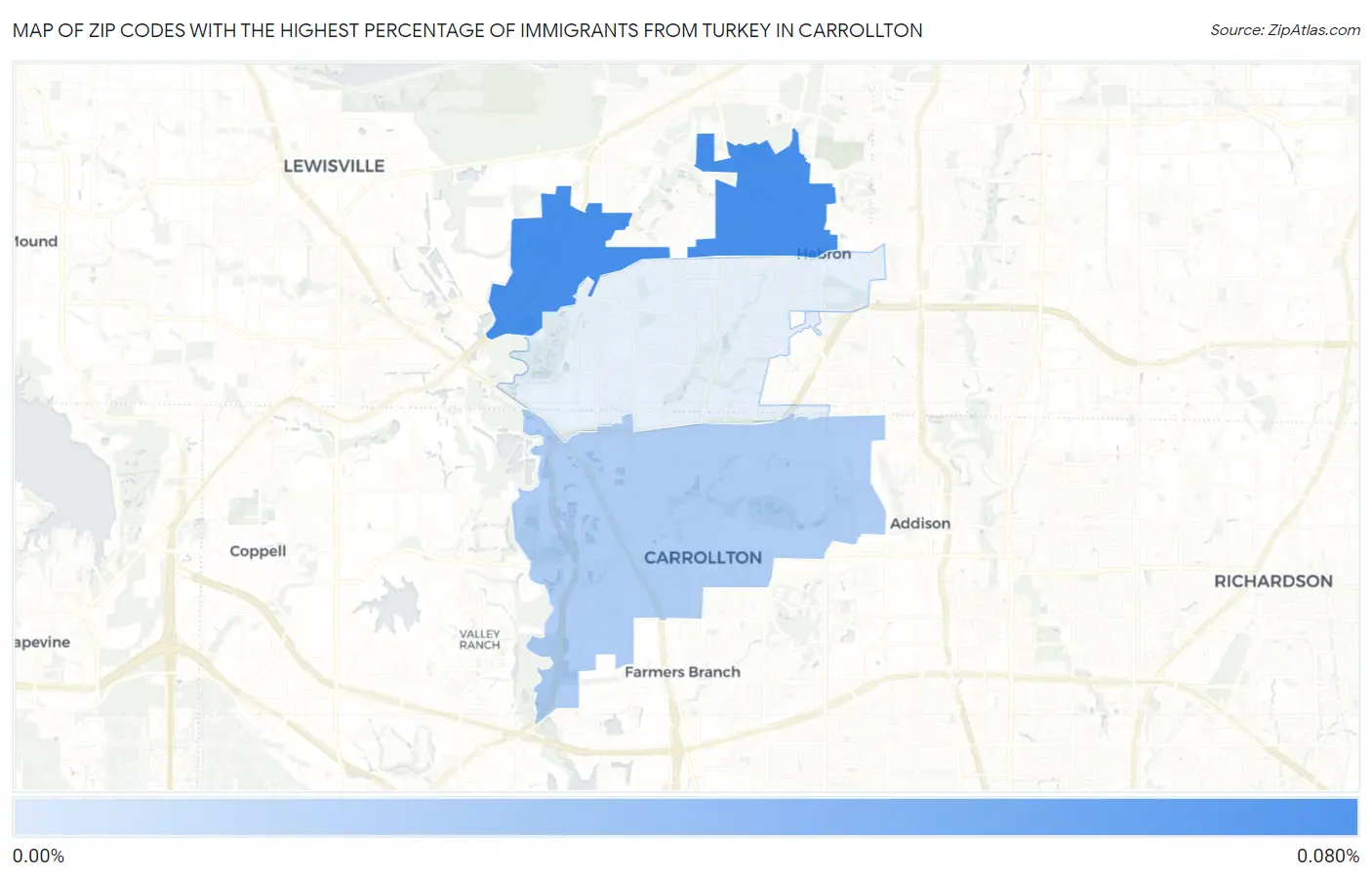 Zip Codes with the Highest Percentage of Immigrants from Turkey in Carrollton Map