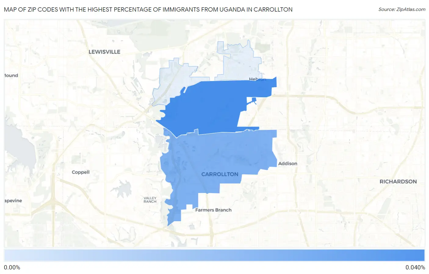 Zip Codes with the Highest Percentage of Immigrants from Uganda in Carrollton Map