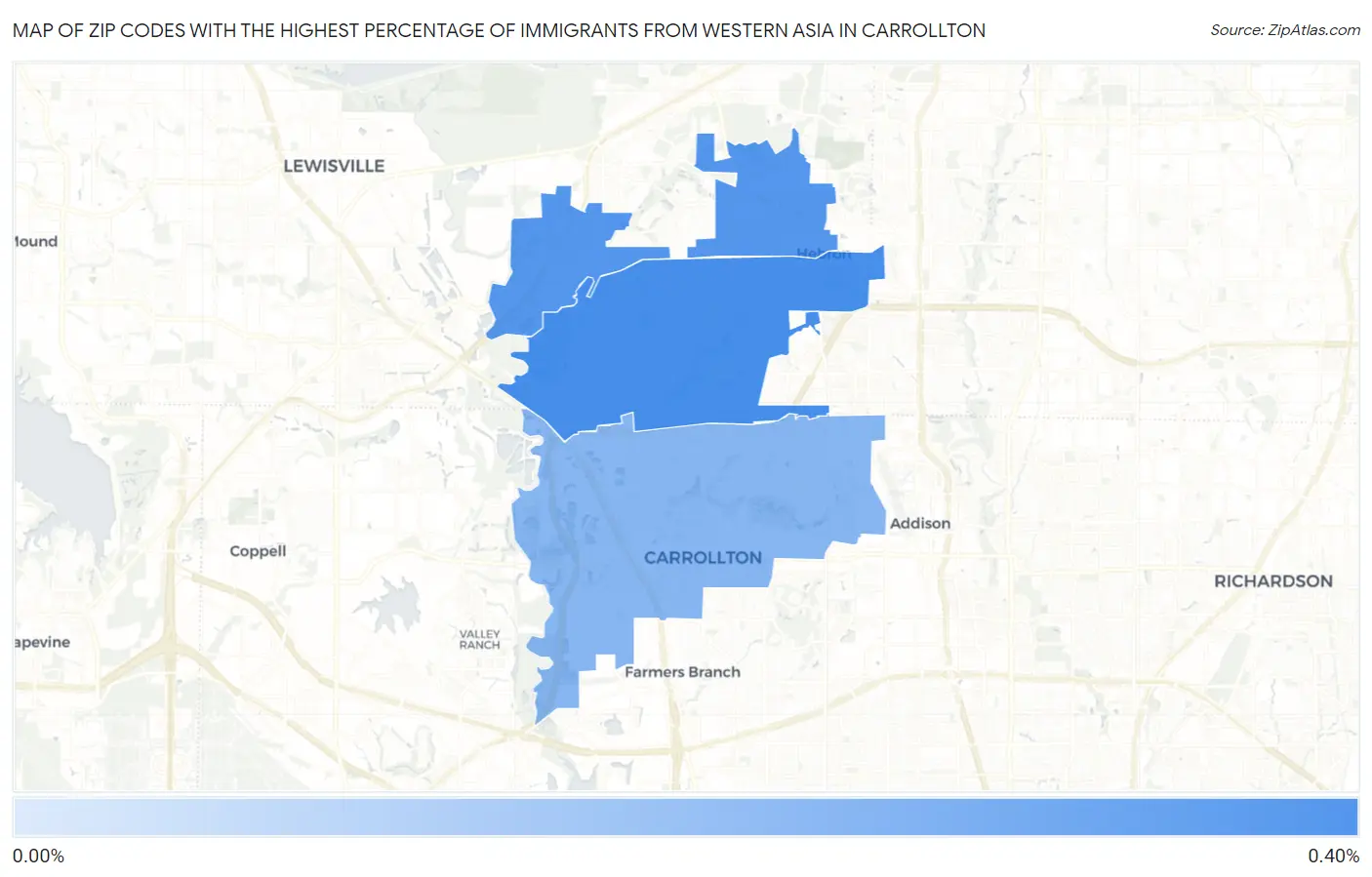 Zip Codes with the Highest Percentage of Immigrants from Western Asia in Carrollton Map