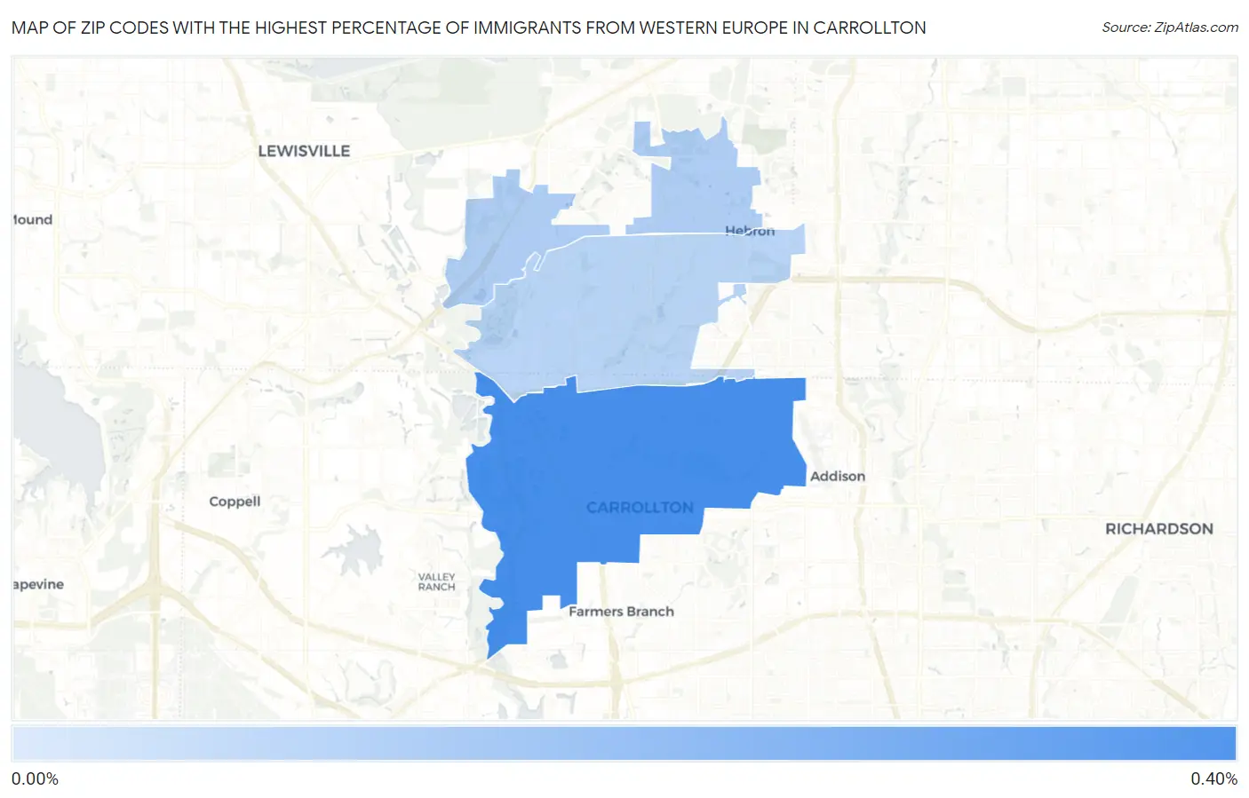 Zip Codes with the Highest Percentage of Immigrants from Western Europe in Carrollton Map