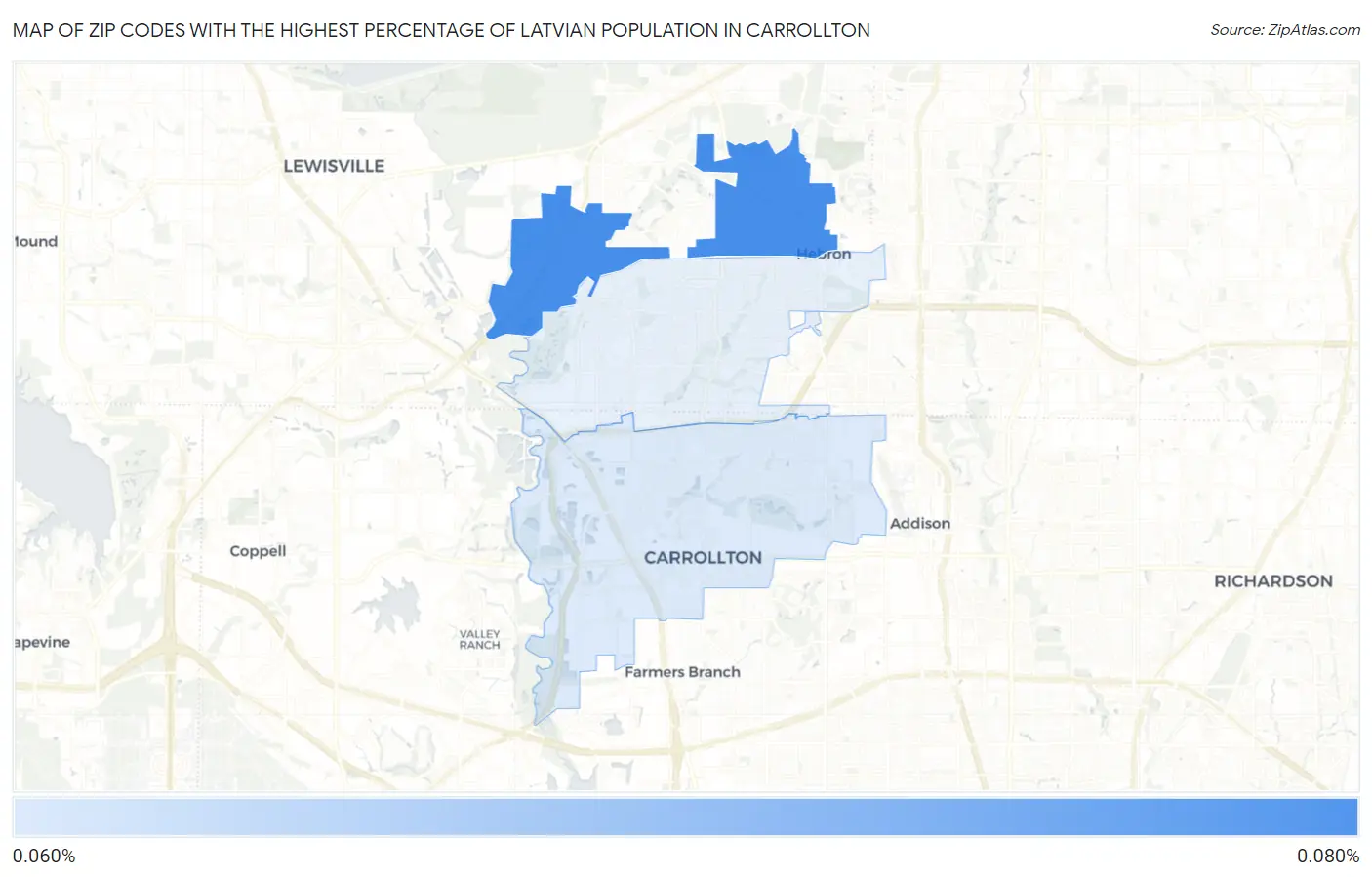 Zip Codes with the Highest Percentage of Latvian Population in Carrollton Map
