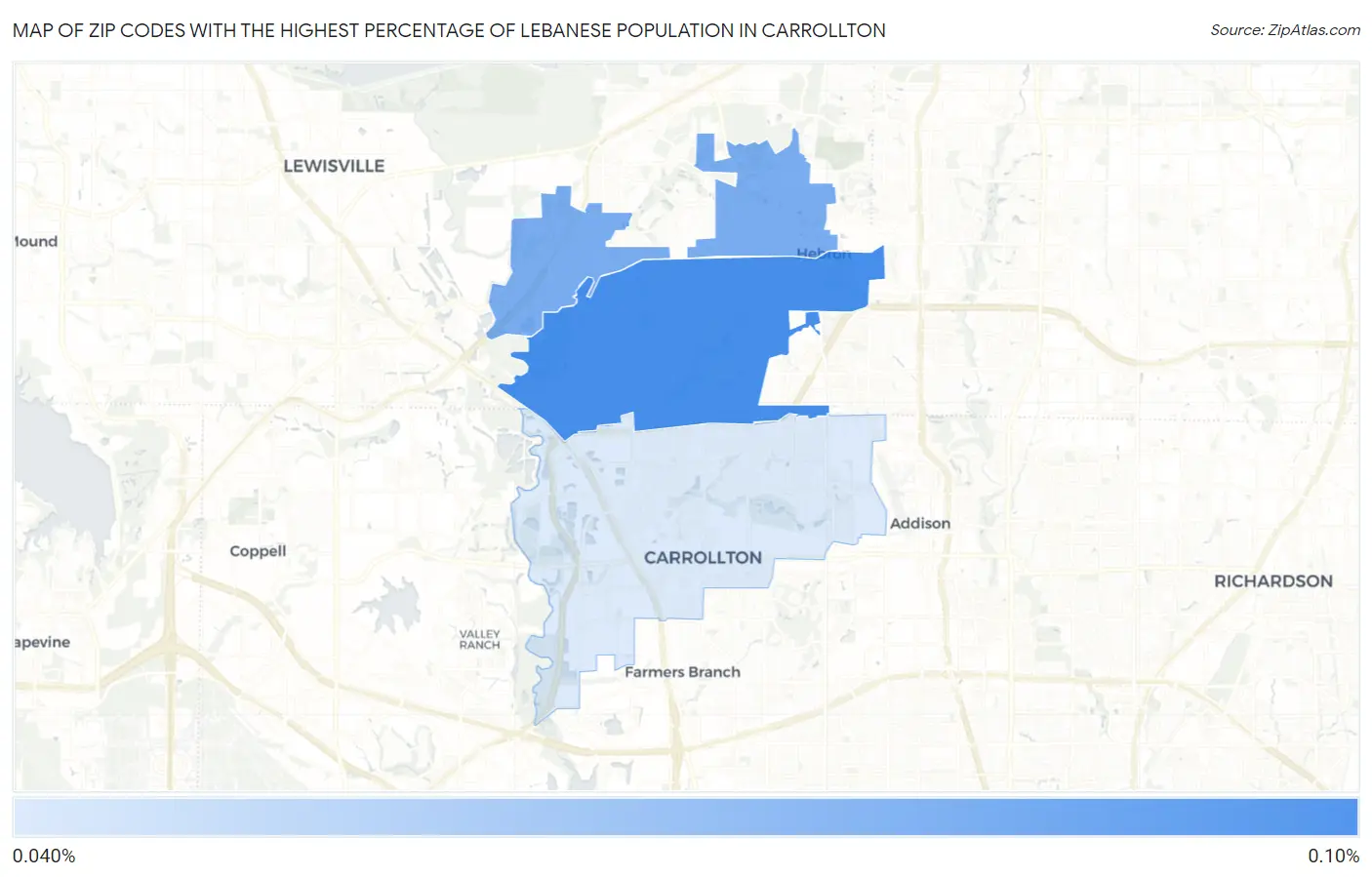 Zip Codes with the Highest Percentage of Lebanese Population in Carrollton Map