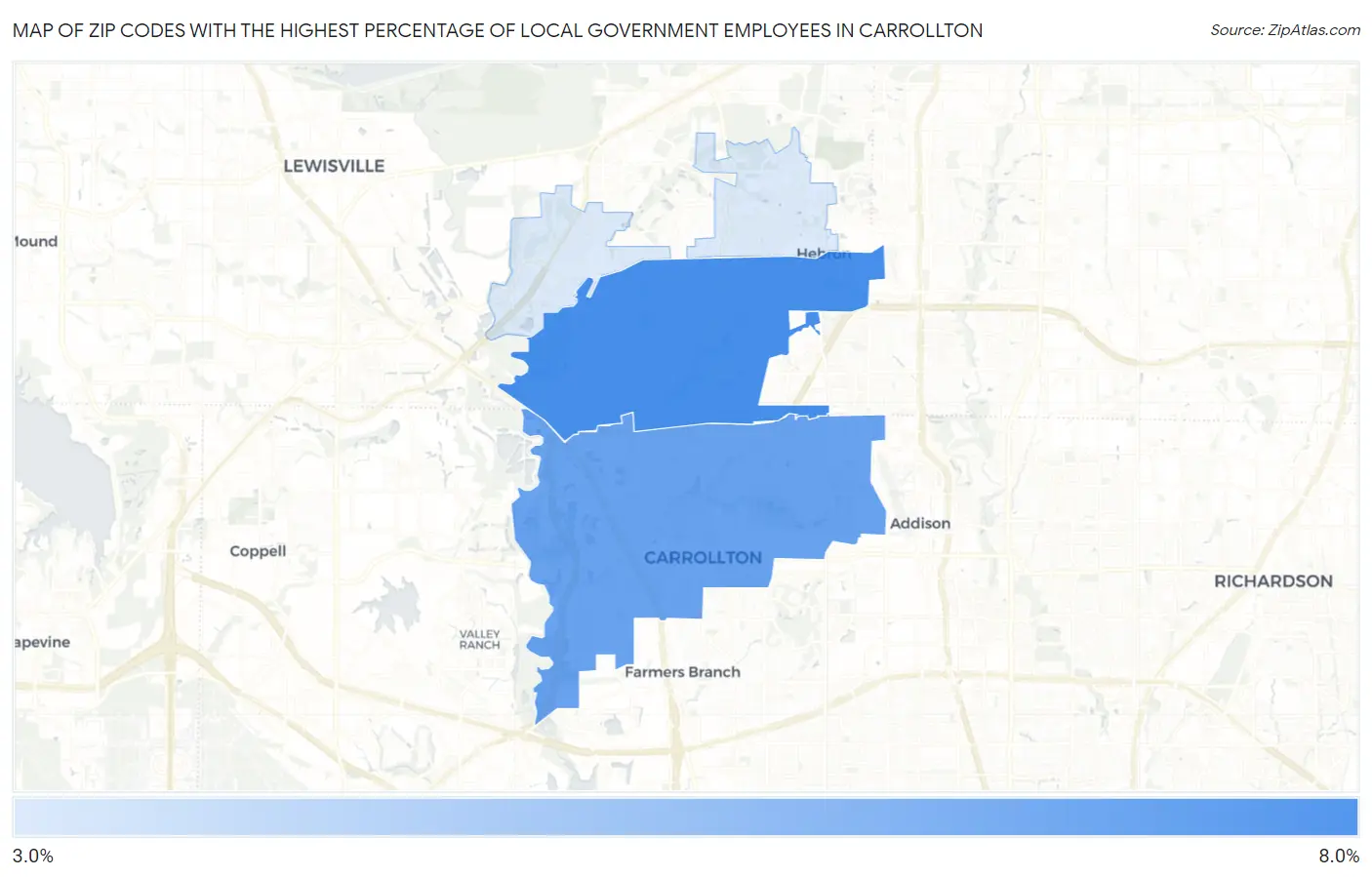 Zip Codes with the Highest Percentage of Local Government Employees in Carrollton Map