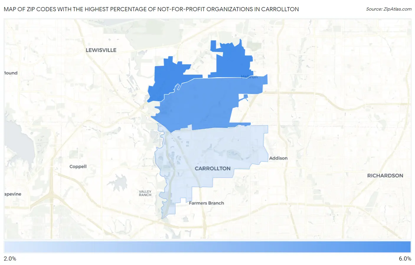 Zip Codes with the Highest Percentage of Not-for-profit Organizations in Carrollton Map