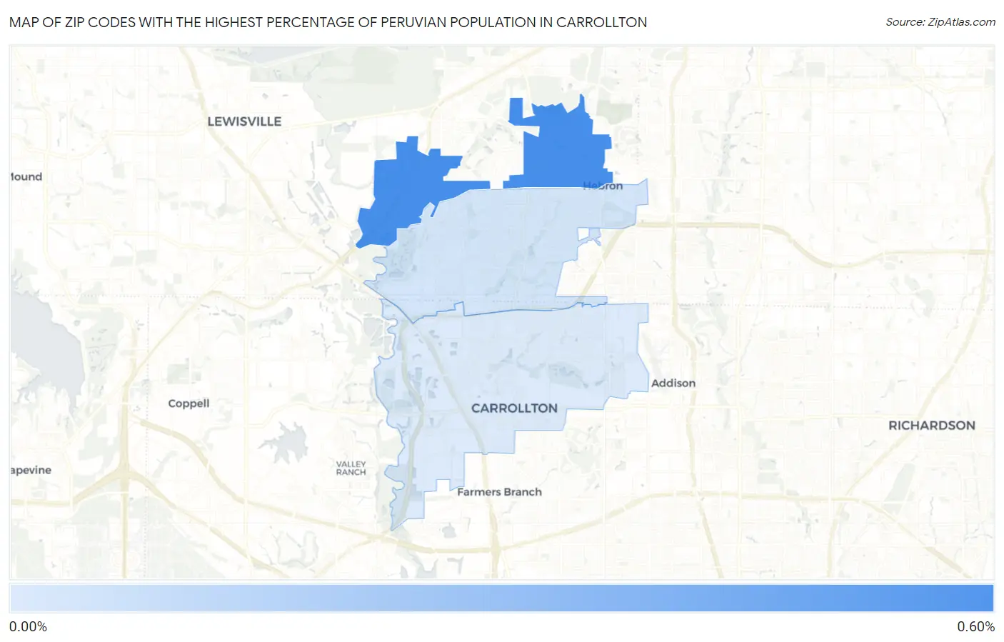 Zip Codes with the Highest Percentage of Peruvian Population in Carrollton Map