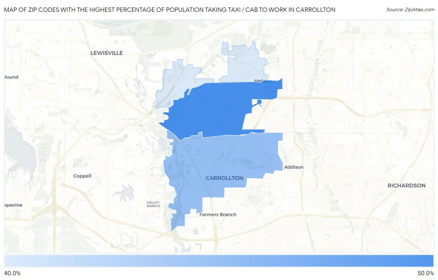 Zip Codes with the Highest Percentage of Population Taking Taxi / Cab to Work in Carrollton Map