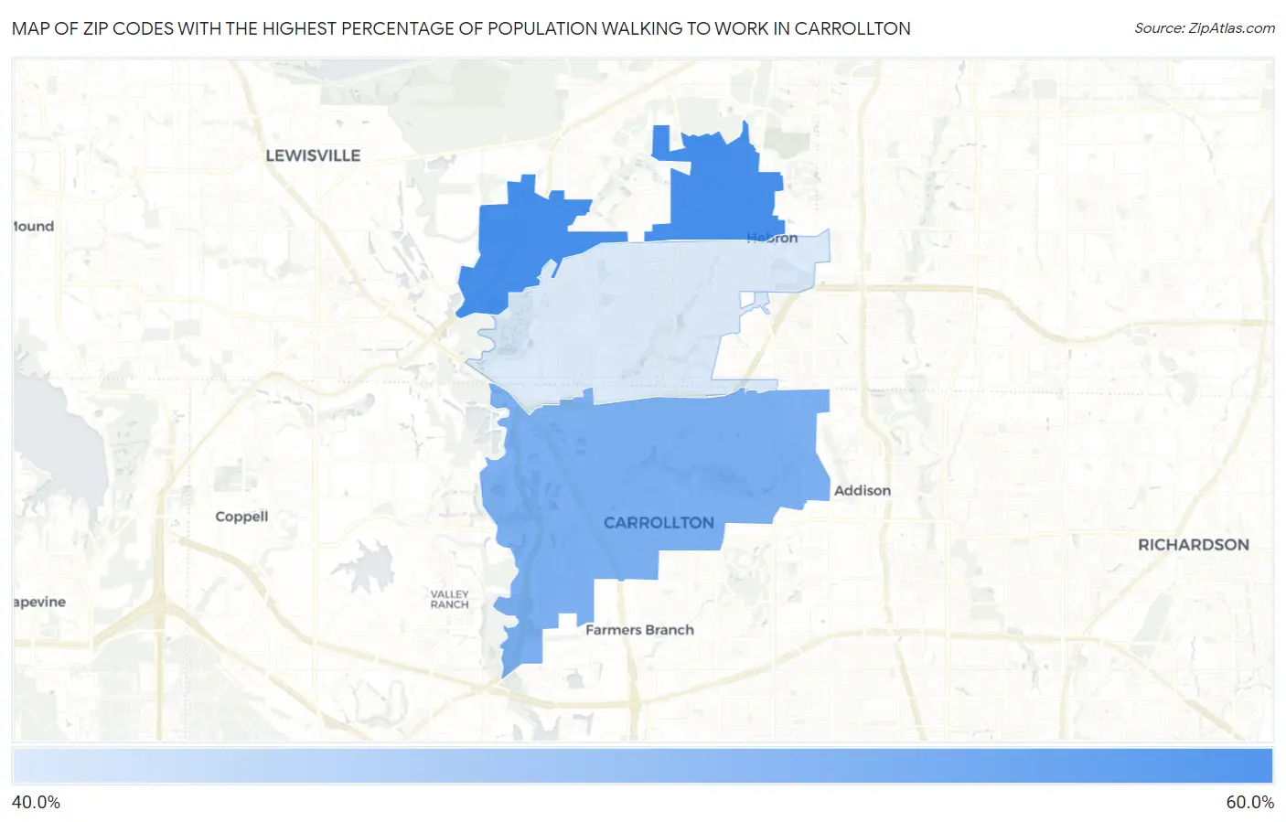 Zip Codes with the Highest Percentage of Population Walking to Work in Carrollton Map