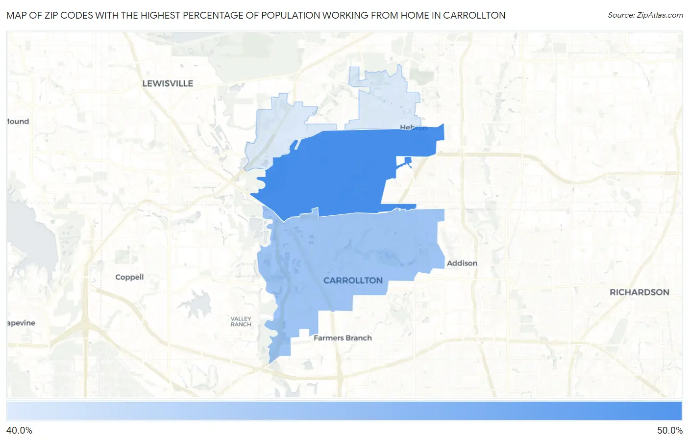 Zip Codes with the Highest Percentage of Population Working from Home in Carrollton Map